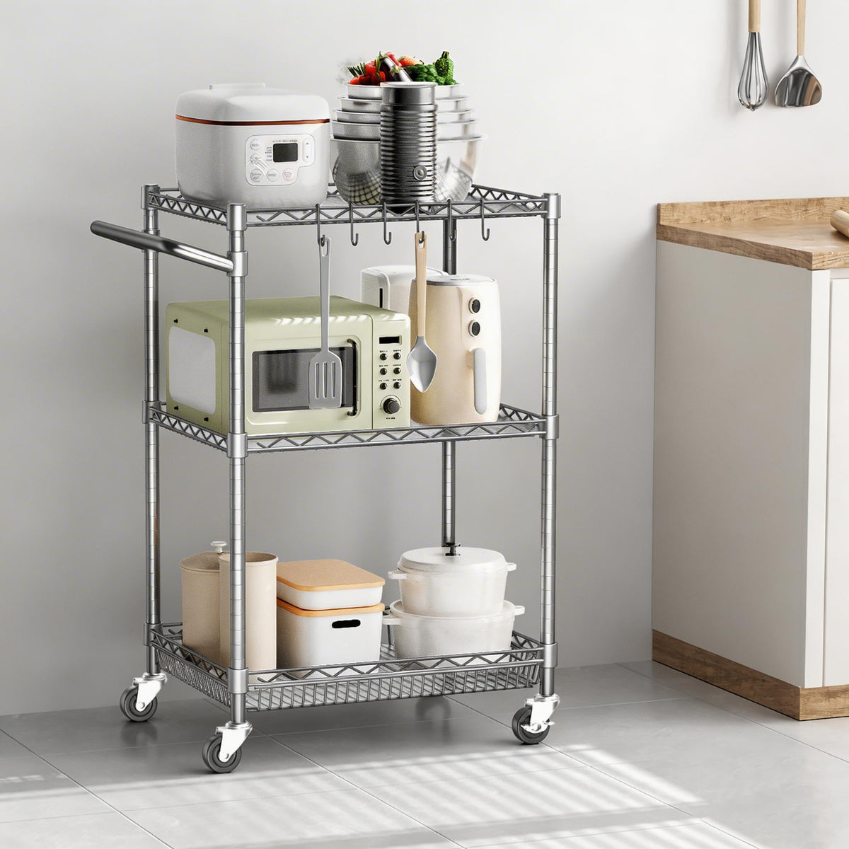 3 Tier Rolling Utility Metal Carts with Wheels NSF Heavy Duty Storage Cart 750Lbs Capacity Adjustable Kitchen Cart with Handle & Shelf Liner Commercial Service Trolley for Indoor & Outdoor Use