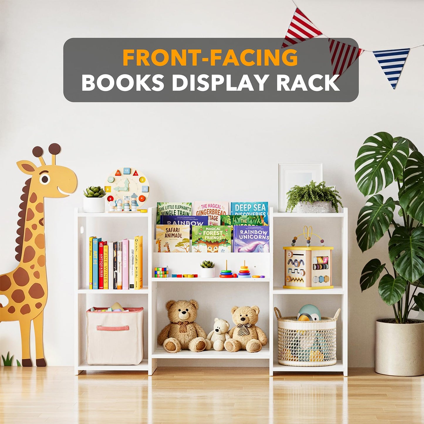 SpaceAid 6-in-1 Bookshelf Storage Organizer, Montessori Bookcase for Toddlers, Wooden Book Rack Shelf Cabinet Furniture for Kids Rooms, Playroom, Nursery and Classroom, 45.6“ Wide, White