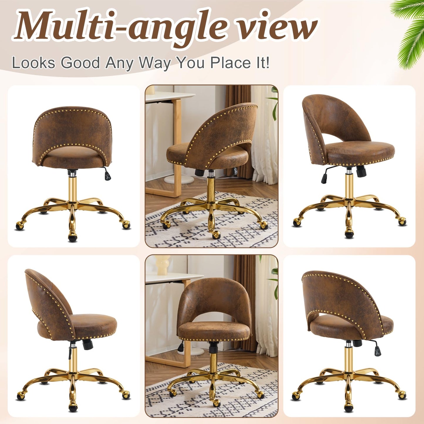 VINGLI Modern Velvet Small Office Chair,Cute Desk Chair with Wheels,Gold Base/Studs, Comfy Armless Swivel Vanity Task Chair for Women/Girl/Kids, Nail Tech Chair for Bedroom,Small Space,Rustic