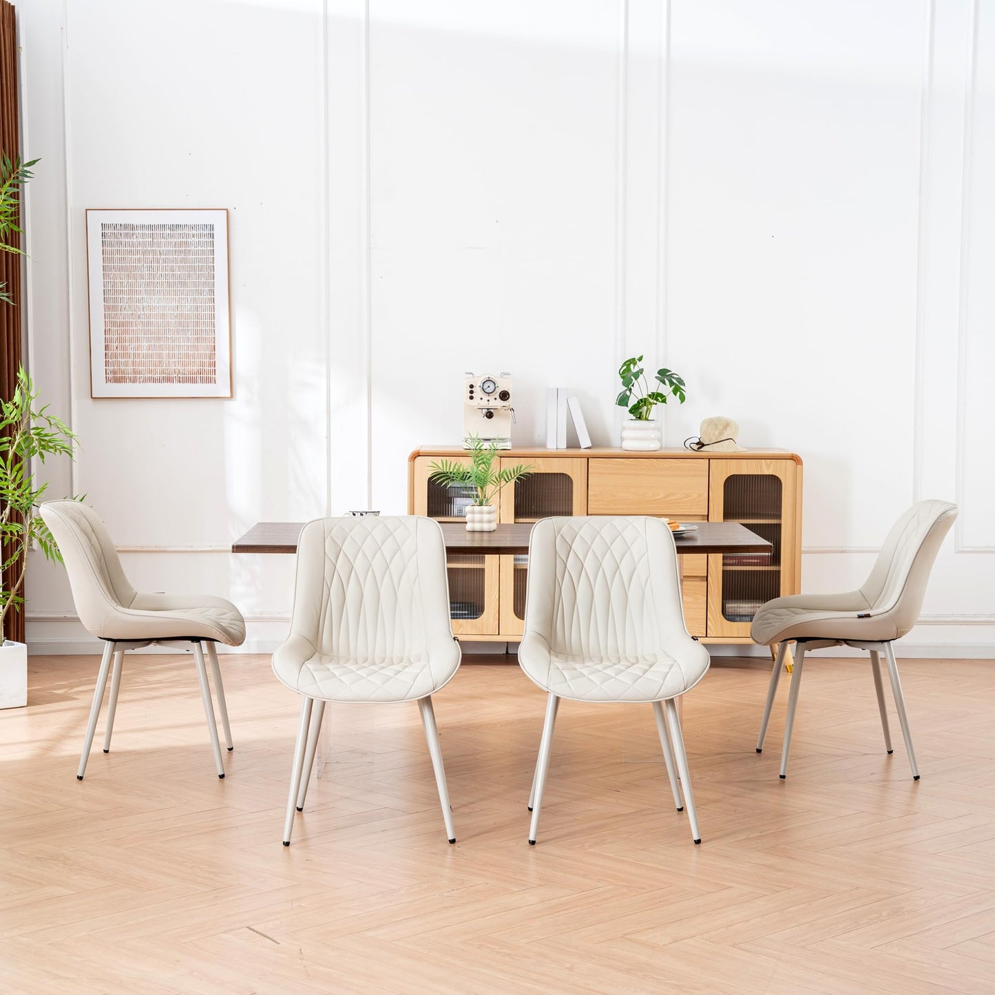 YOUNIKE Cream Faux Leather Dining Chairs Set of 2 Mid-Century Modern High Padded Back Comfy Upholstered Kitchen Chairs with Metal Legs Wide Seat Accent Side Chair for Dining/Living/Waiting Room