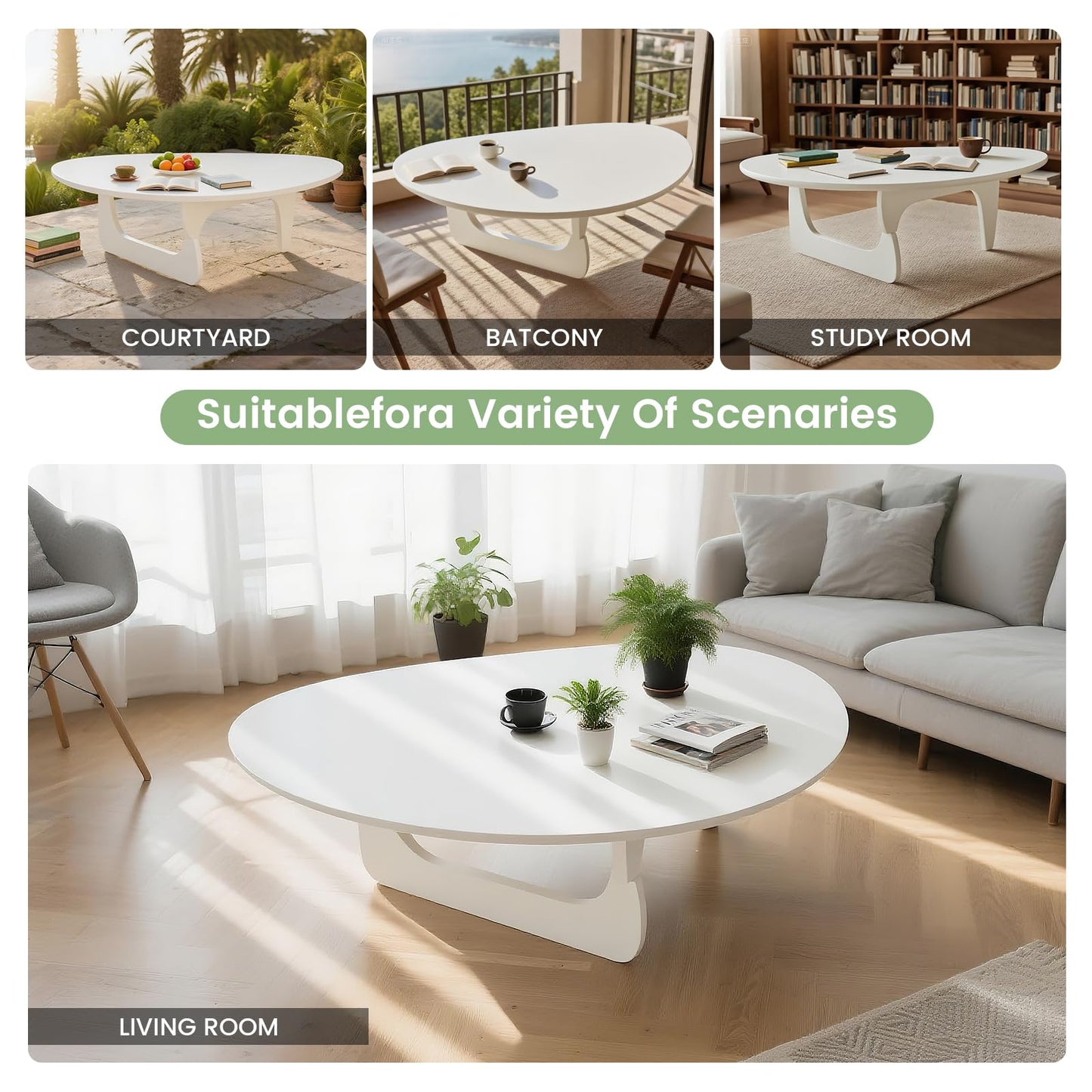 Solid Wood Triangle Coffee Table,Unique Mid Century Modern Oval Coffee Table,Irregular Geometric Tea Tables for Home Living Room with Wooden Tabletop and Reinforced Legs White 43" L x 31" W x 16" H