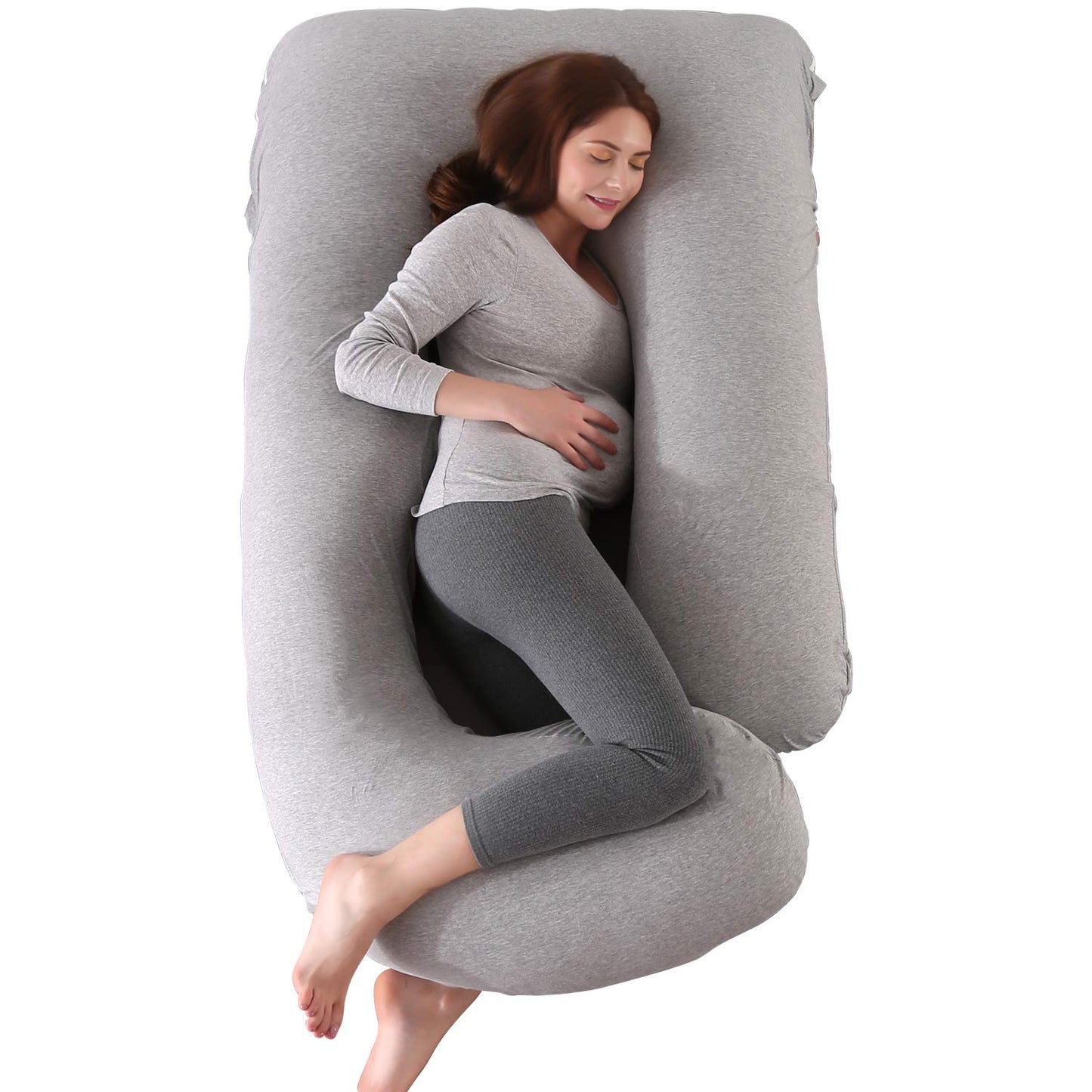 U-Shaped Full Body Pregnancy Pillow for Sleeping – 57" Maternity Pillow with Removable Cover, Support for Back, Legs, Belly & Hips (Jersey-LightGrey)