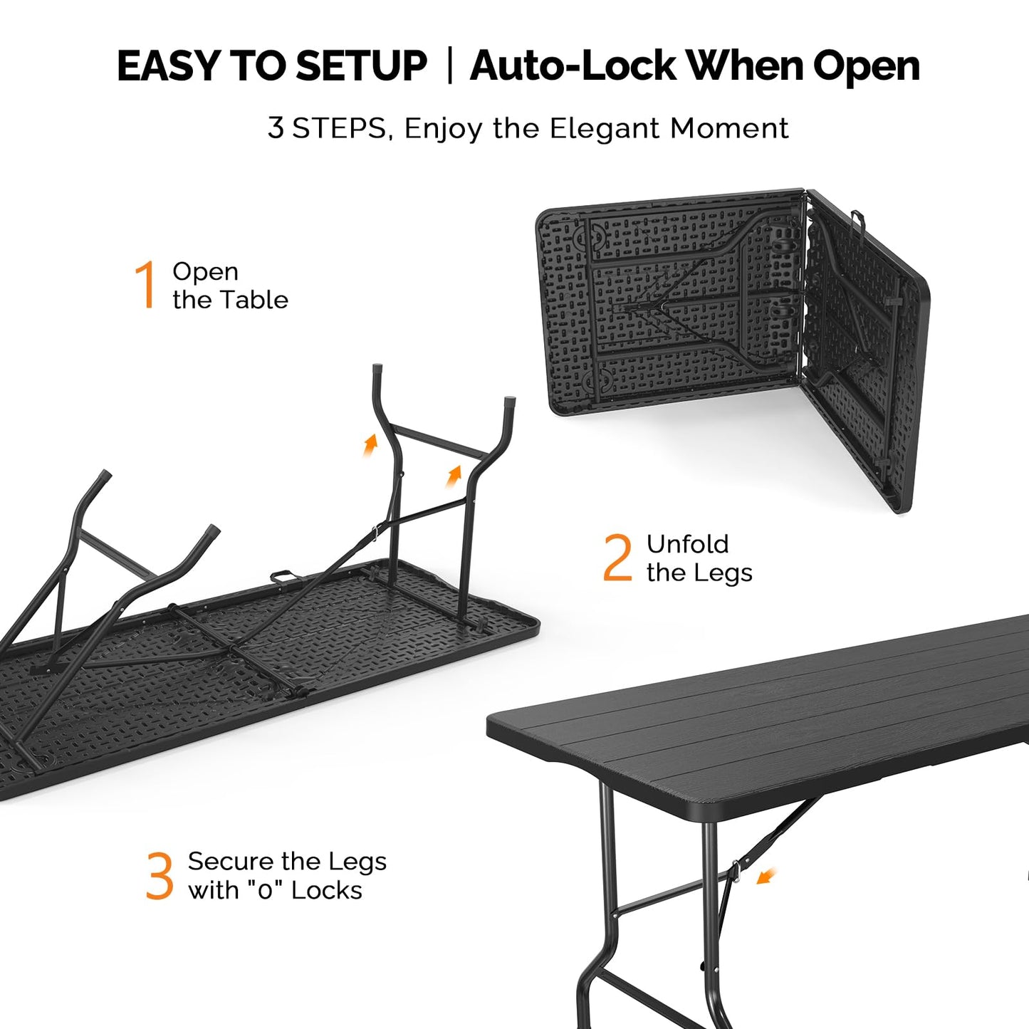 VINGLI 6 Foot Plastic Folding Table Portable Long Table for Indoor Outdoor Use Rectangular with Carrying Handle, Tree Patterned HDPE Tabletop, Black