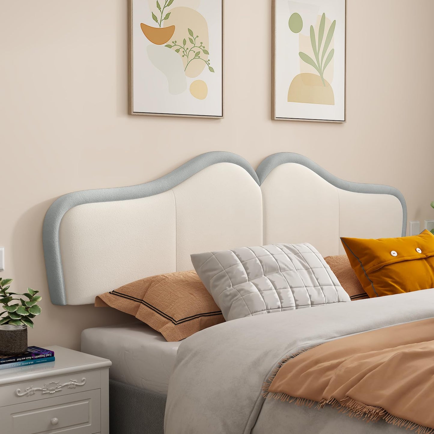 HouseMila King Headboard,Upholstered Headboards Bed Head Board Modern Wave Shaped Velvet Wall Mount Bed Headboard for Stylish Bedroom Decor(King,Beige+Light Blue)