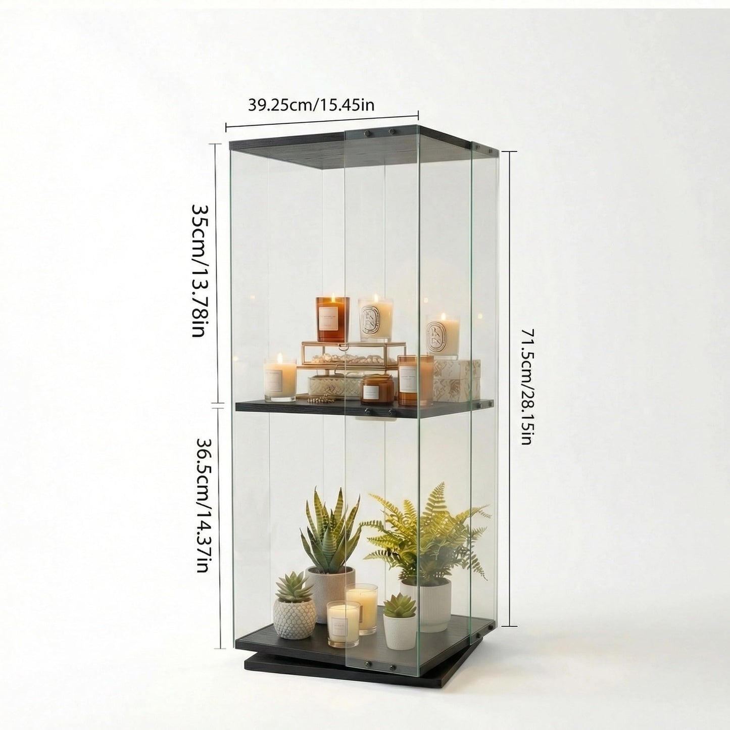 ZIHUASHENG Glass Display Cabinet with Rotating Base, Curio Cabinet with LED Light, 2-Shelf Tempered Glass Display Case for Collectibles, Curio Display Cabinet for Living Room,Home Decor, Black
