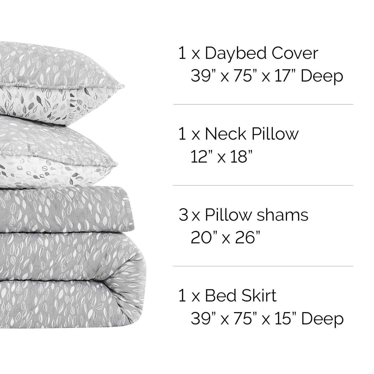 Southshore Fine Living, Inc. Twin Daybed Comforter Set, 6-Piece Bedding Set with Daybed Cover, 3 Pillow Shams, Bed Skirt, Throw Pillow - Twin Day Bed Quilt Set, Botanical Leaves Grey