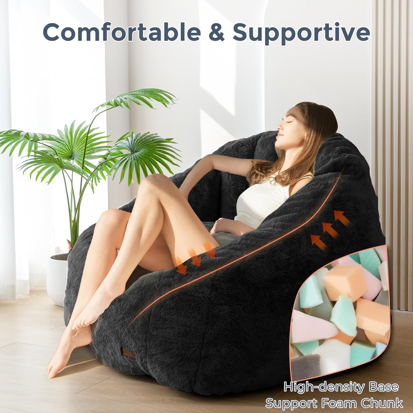 MAXYOYO Giant Bean Bag Chair, Oversized Bean Bag Couch for Adults and Kids, Faux Fur Shell-Shaped Large Chair with Filler, Stuffed Big Accent Sofa Lounge Floor Sofa for Gaming, Reading, Black