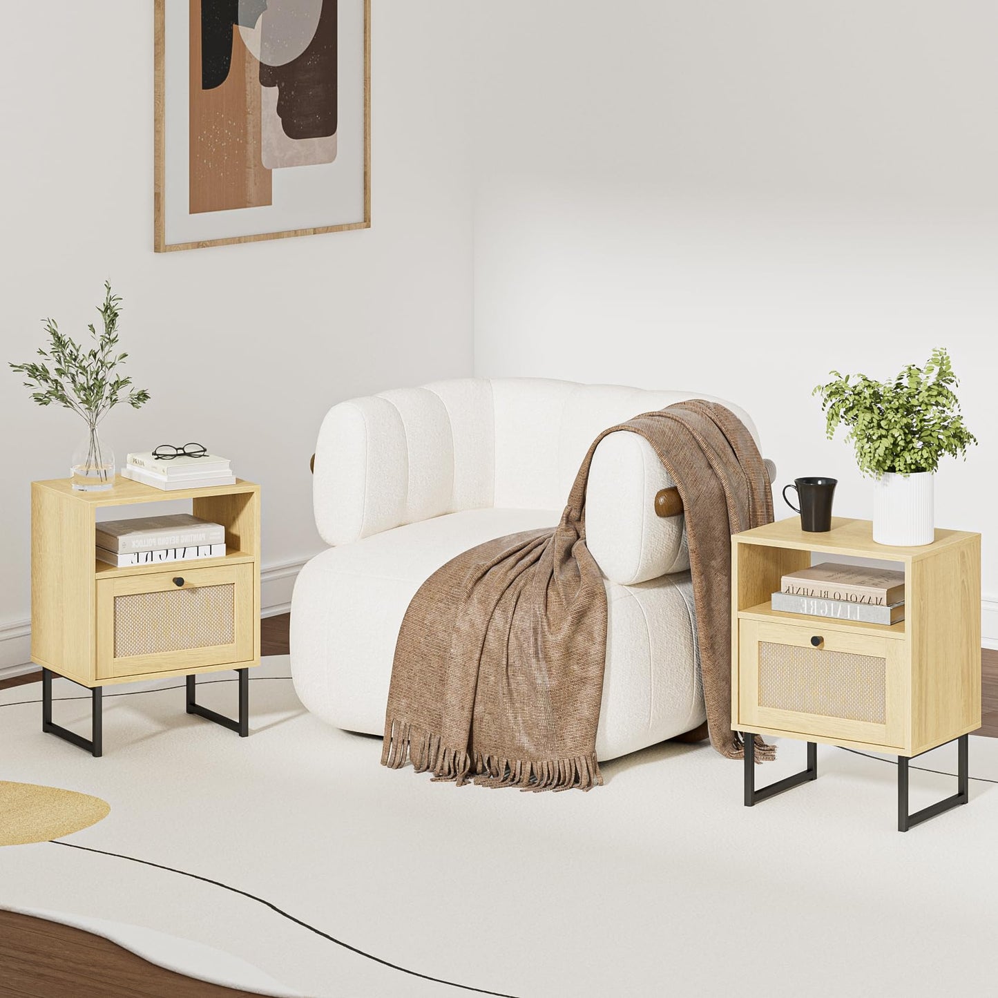 Masupu Rattan Nightstand,Modern Boho Farmhouse Wood Bedside Table with Storage Drawer and Open Shelf,Small Black Frame Side End Table for Bedroom,Living Room,Office (Natural)