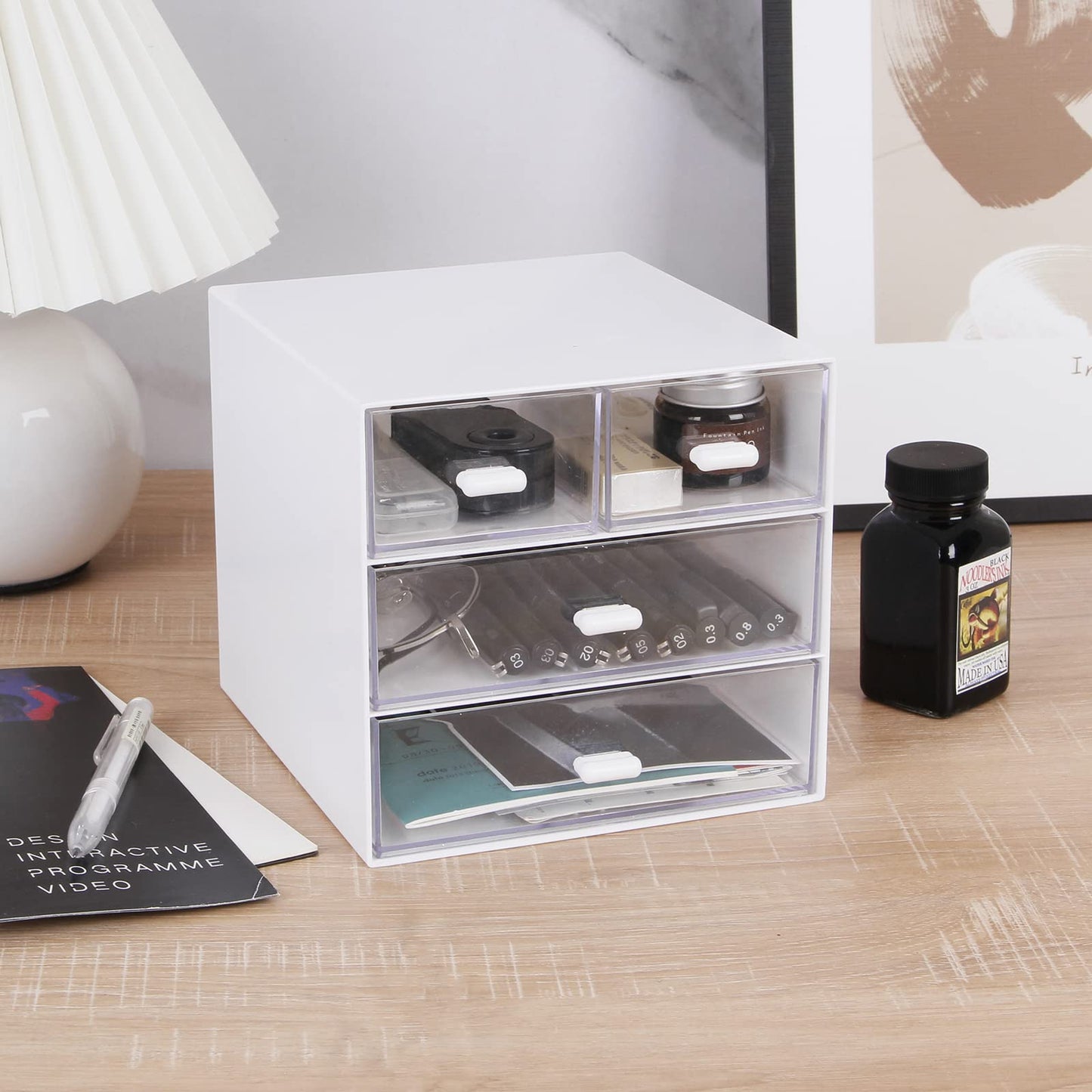 Zyners Desk Organizer with Drawer, Office Organizer with 4 Drawers, Desk Storage Box for, Desktop, Dressing table, Office, School, Home, Plastic Box and 4 Acrylic Drawers(White)
