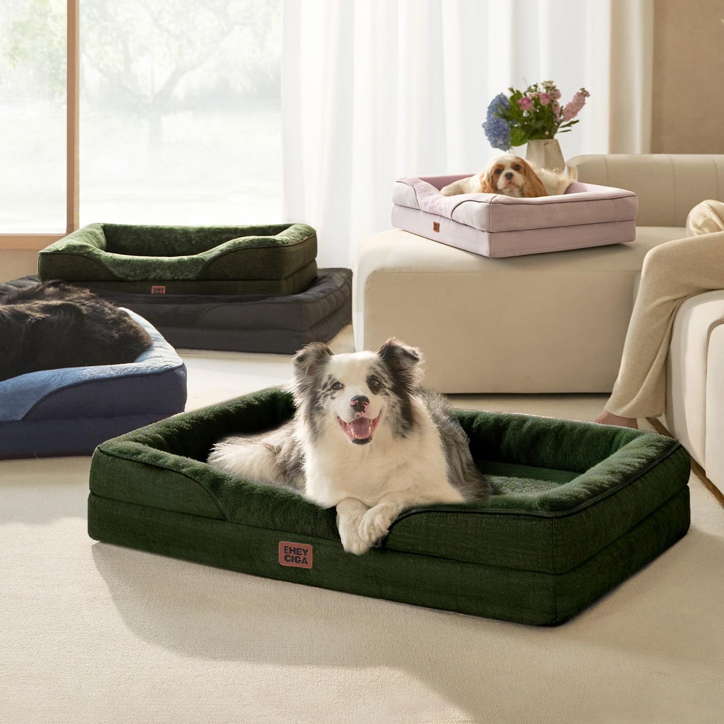 EHEYCIGA Orthopedic Dog Bed for Medium Dog, 30x20 Inch Memory Foam Dog Couch Bed with Sides, Waterproof Liner & Washable Removable Cover, Bolster Pet Sofa, Dark Green