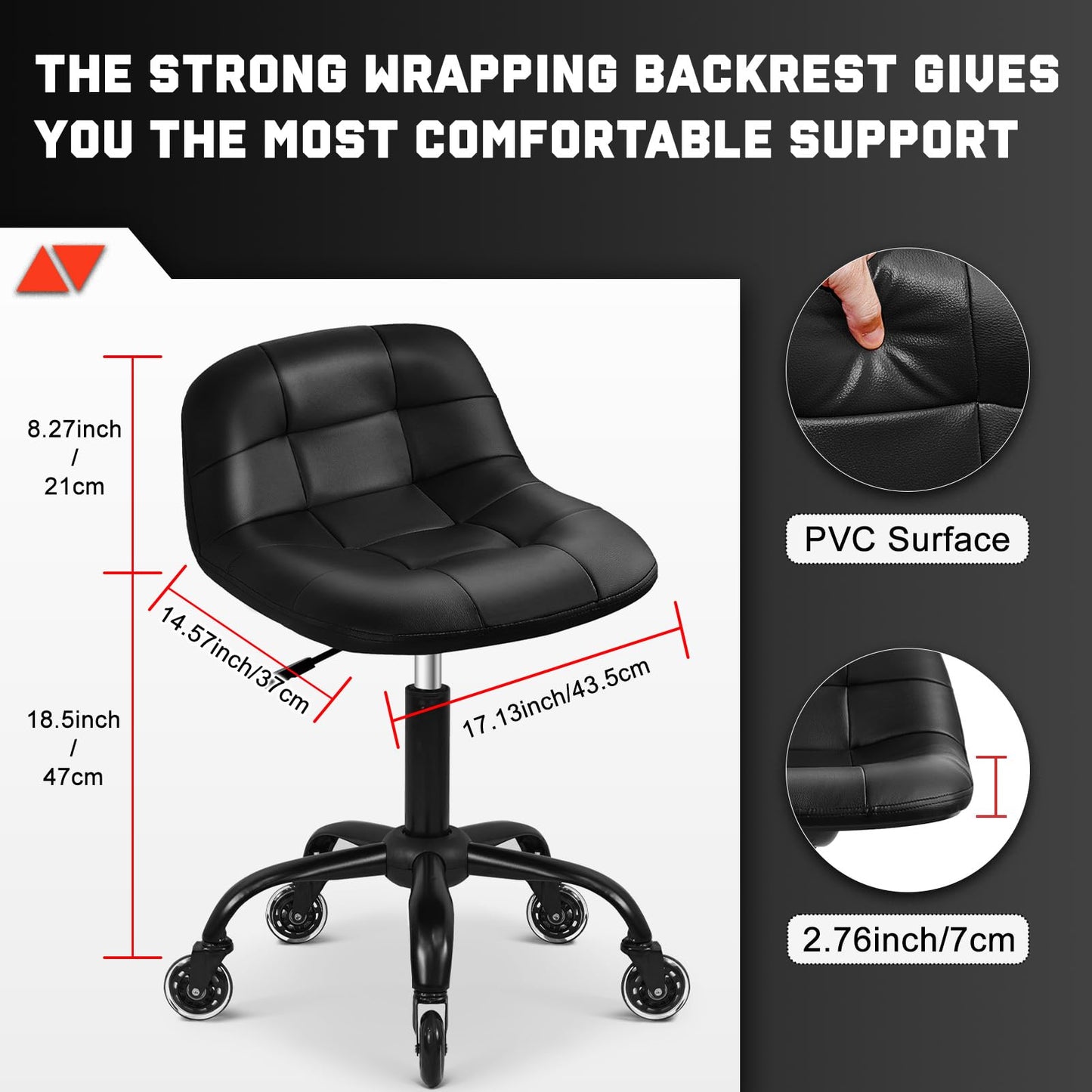 FreekyFit Rolling Shop Stool with Wheels, Rolling Short Stool with Back Support, 360° Swivel Garage Chair, Height Adjustable Chair 330lb Heavy Duty for Spa Salon Massage Home Office Tattoo (Black)