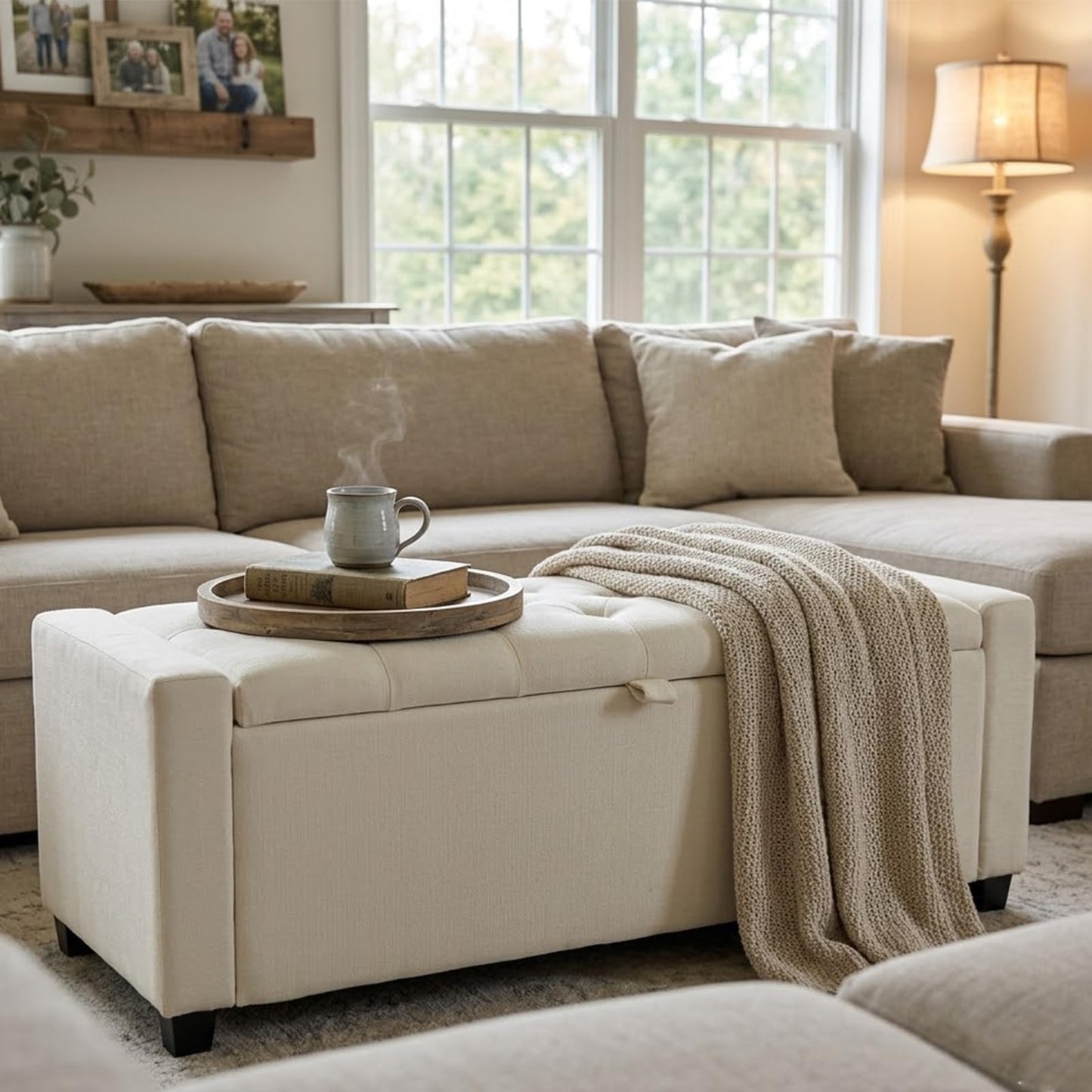 2BYF 47" Beige Storage Ottoman, Multi-Functional Shoe Bench Seat for Living