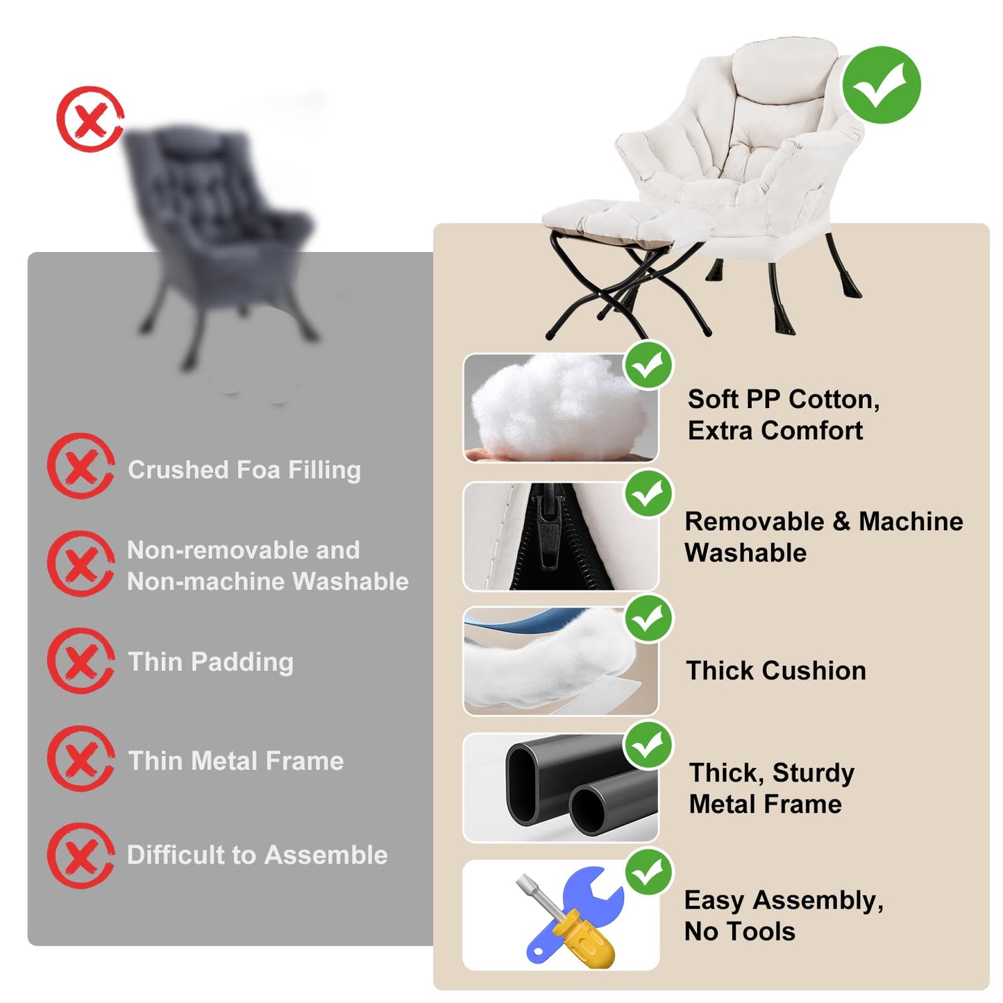 Furlide Lazy Chair with Ottoman, Modern Accent Chair with Armrests and a Side Pocket, Beige Accent Chairs, Reading Chairs, Oversized Armchairs for Bedroom, Study, Living Room, Courtyard