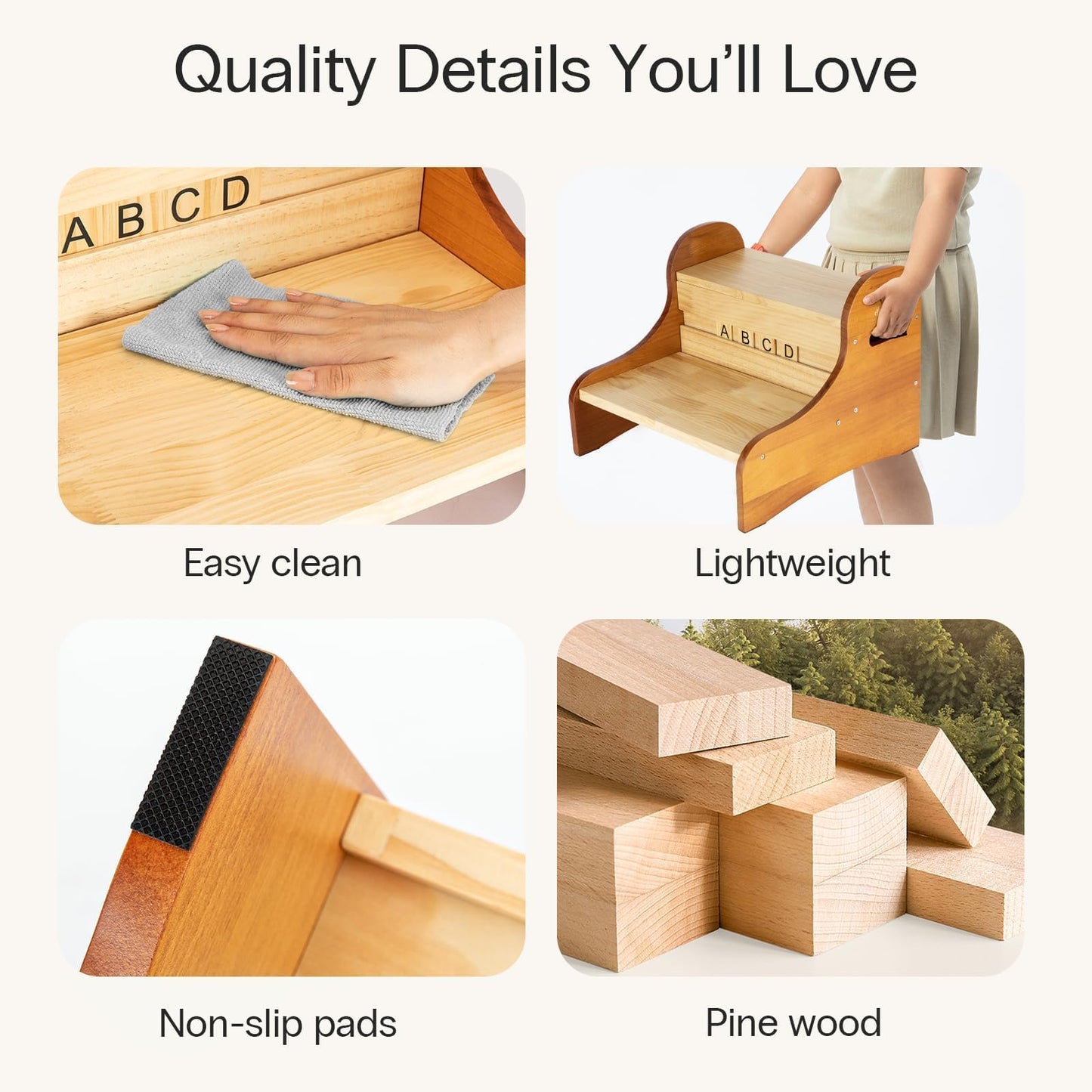 StrongTek Wooden 2-Step Stool, Lightweight Pine Wood Step Stool with Non-Slip Pads, Easy-Clean Personalized Name Display Stool for Bedroom, Playroom, and Home Use