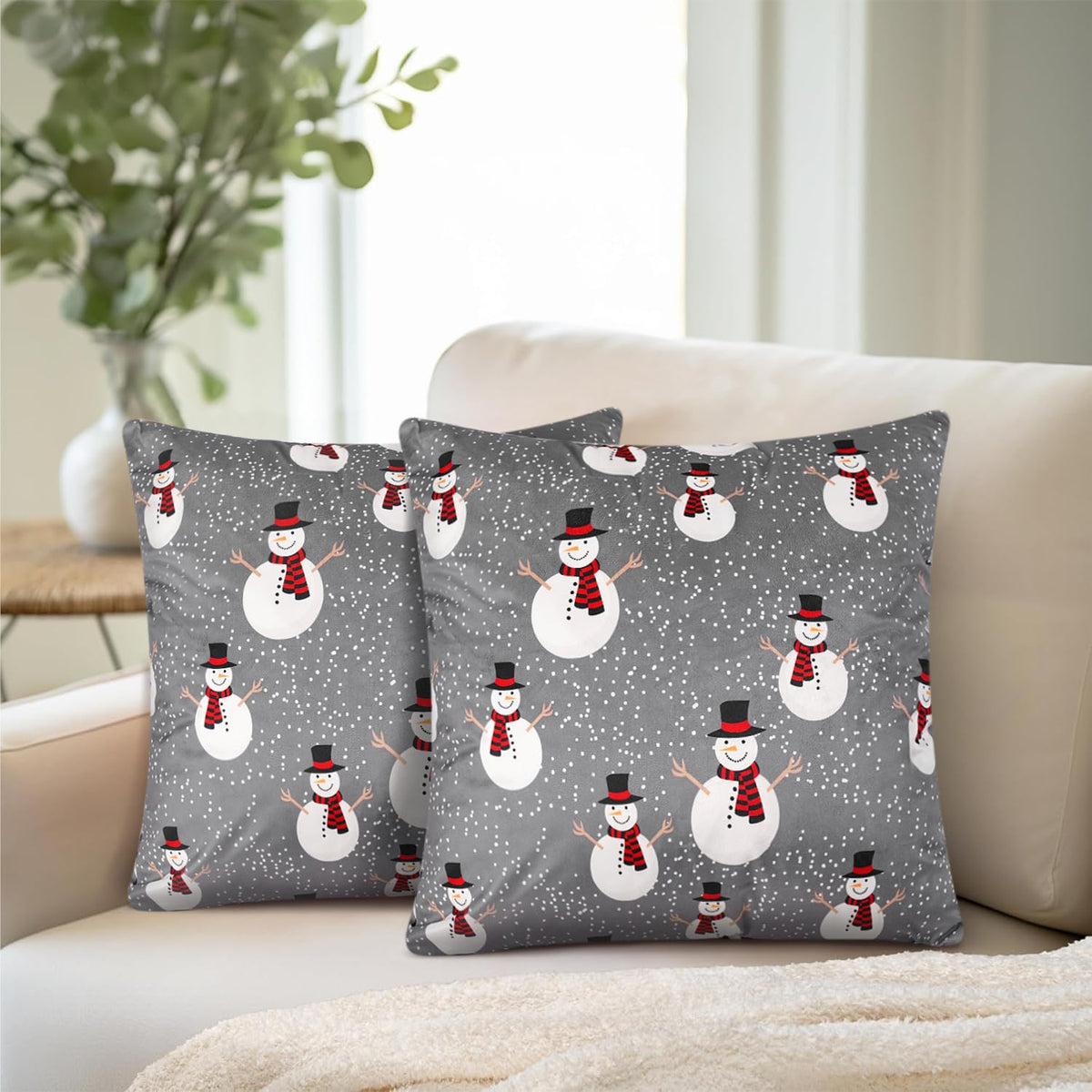 PAVILIA Holiday Velvet Fleece Throw Pillow Covers 20x20 Set of 2, Soft Decorative Cushion Covers for Couch Sofa Bed, Christmas Winter Square Accent Pillow Cases with Hidden Zipper, Snowman Gray