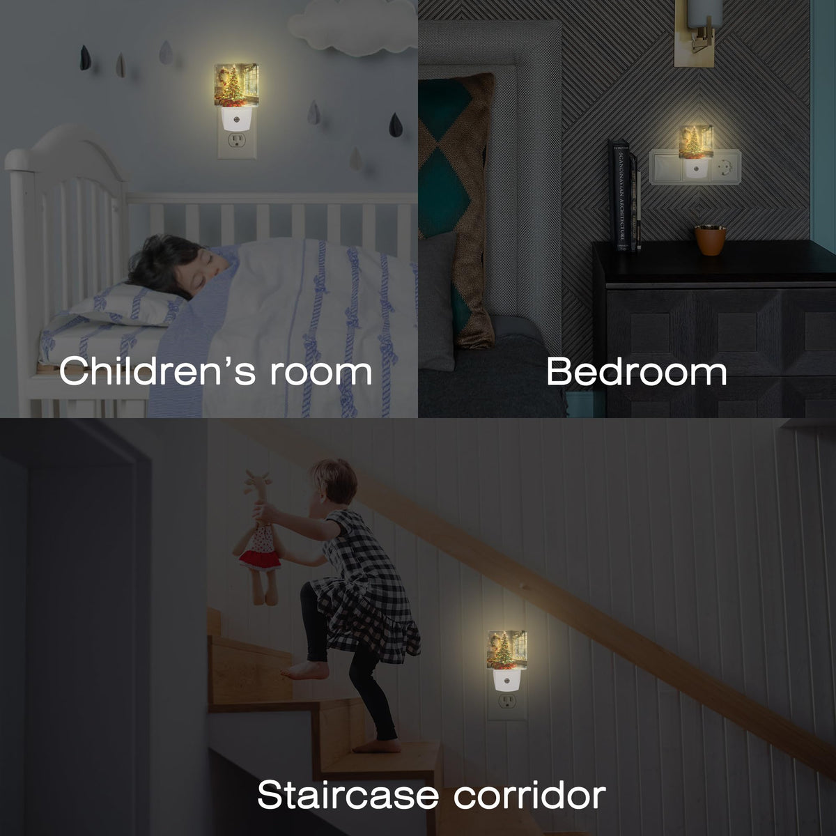 Christma Room Full of Gifts Night Light, Christmas Tree with Red and Gold Ornaments Dusk to Dawn Night Light Plug in, 0.5w Energy Saving Sleep Friendly NightLight for Kids Boys Girls Home Decor