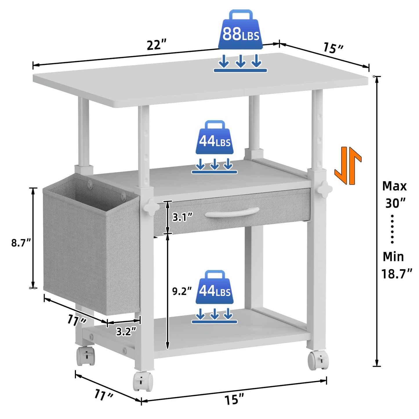 YAOHUOO 22"x15" Large Printer Stand with Drawer, 3-Tier Rolling Table Cart