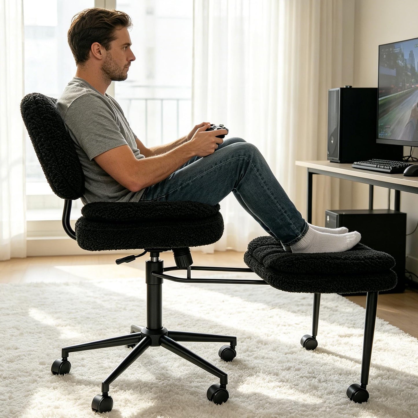 Ergonomic Cross Legged Office Chair with Footrest, 360° Swivel Height Adjustable Faux Shearling Criss Cross Chair, Wide Seat & Back Support for Home Office, ADHD, Black