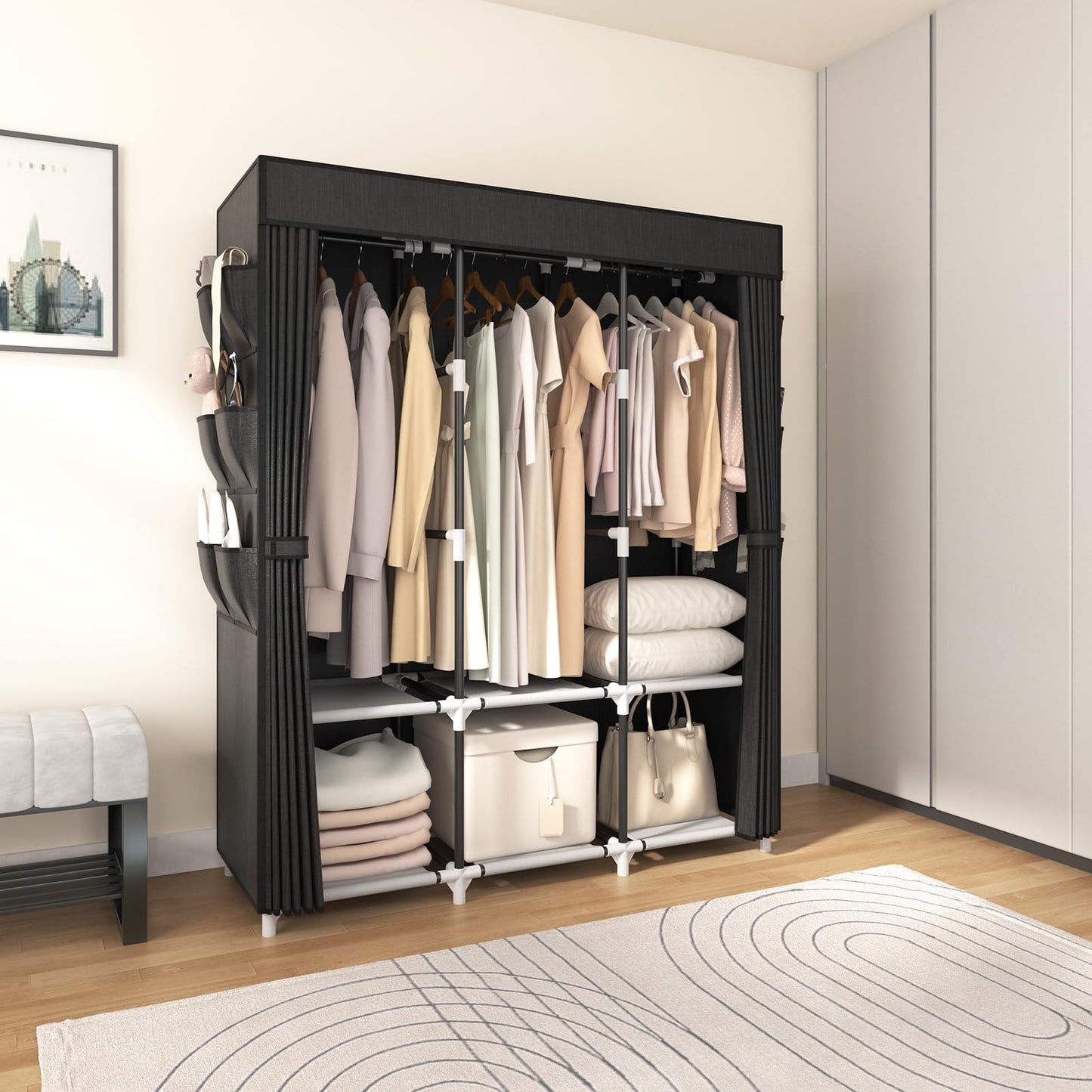 VTRIN Portable Closet Wardrobe for Hanging Clothes Closet with Cover, 3 Hanging rods, 6 Storage Shelves and Side Pocket, Diameter 19mm Metal Pipe, Sturdy Free Standing Closet for Bedroom, Black
