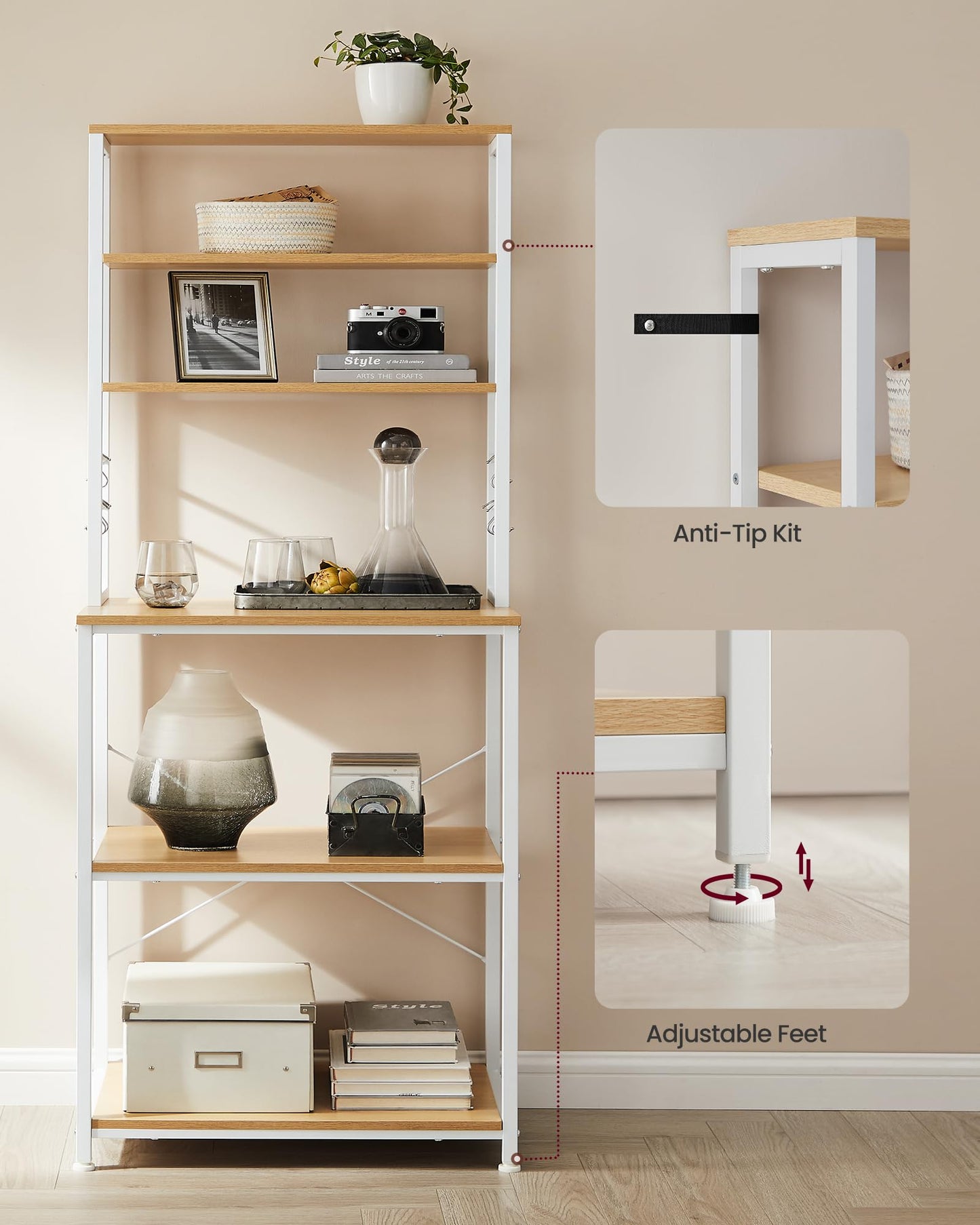 VASAGLE Coffee Bar, 23.6 Inches Baker's Rack for Kitchen with Storage, 6-Tier Kitchen Shelves with 6 Hooks, Microwave Stand, Modern, Golden Oak and Cloud White UKKS024W09