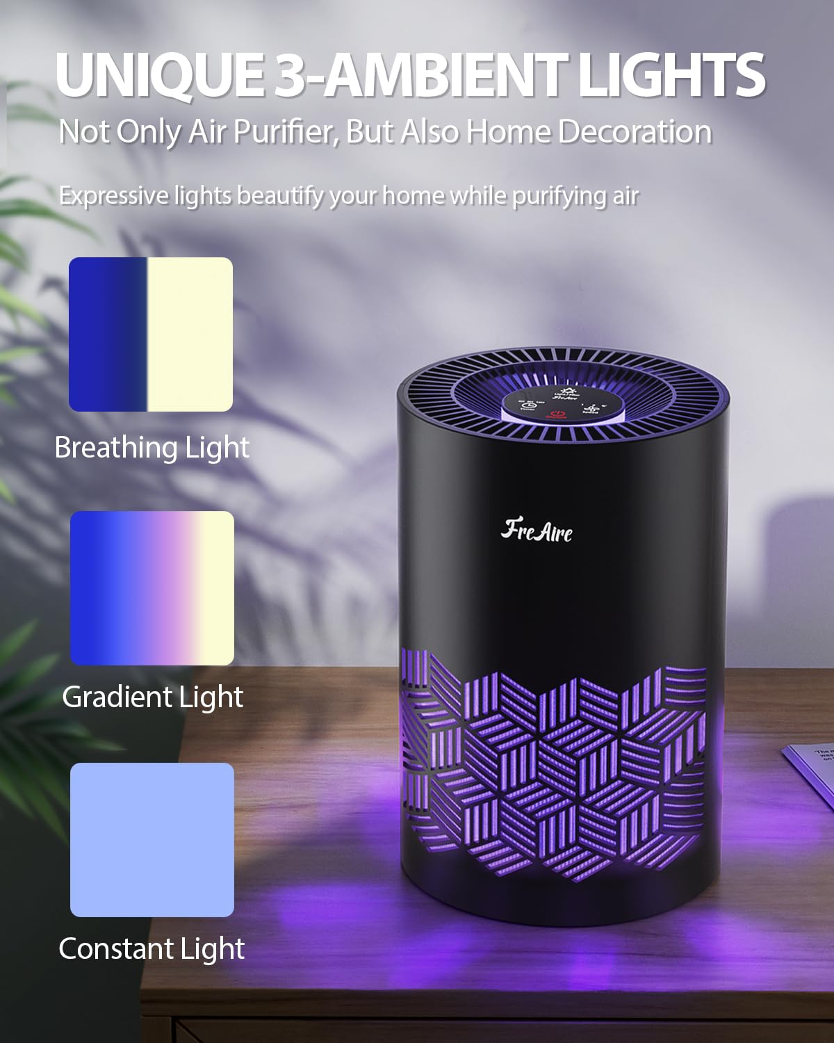 FreAire Air Purifiers for Bedroom Up to 1086 Ftยฒ, Air Purifiers for Home with Lights, HEPA Air Purifier Removes Dust Smoke Pollen Dander Smell, for Home/Pets/Bedroom
