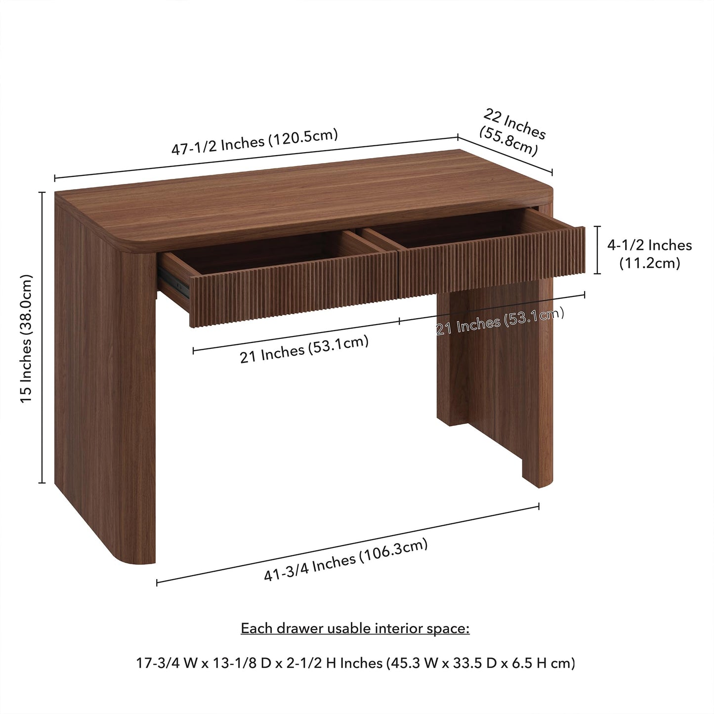 Henn&Hart 48'' Fluted Modern Rectangular Home Office Desk, Ribbed Computer Desk, Writing Table with 2 Drawers for Home Office, Medium Walnut