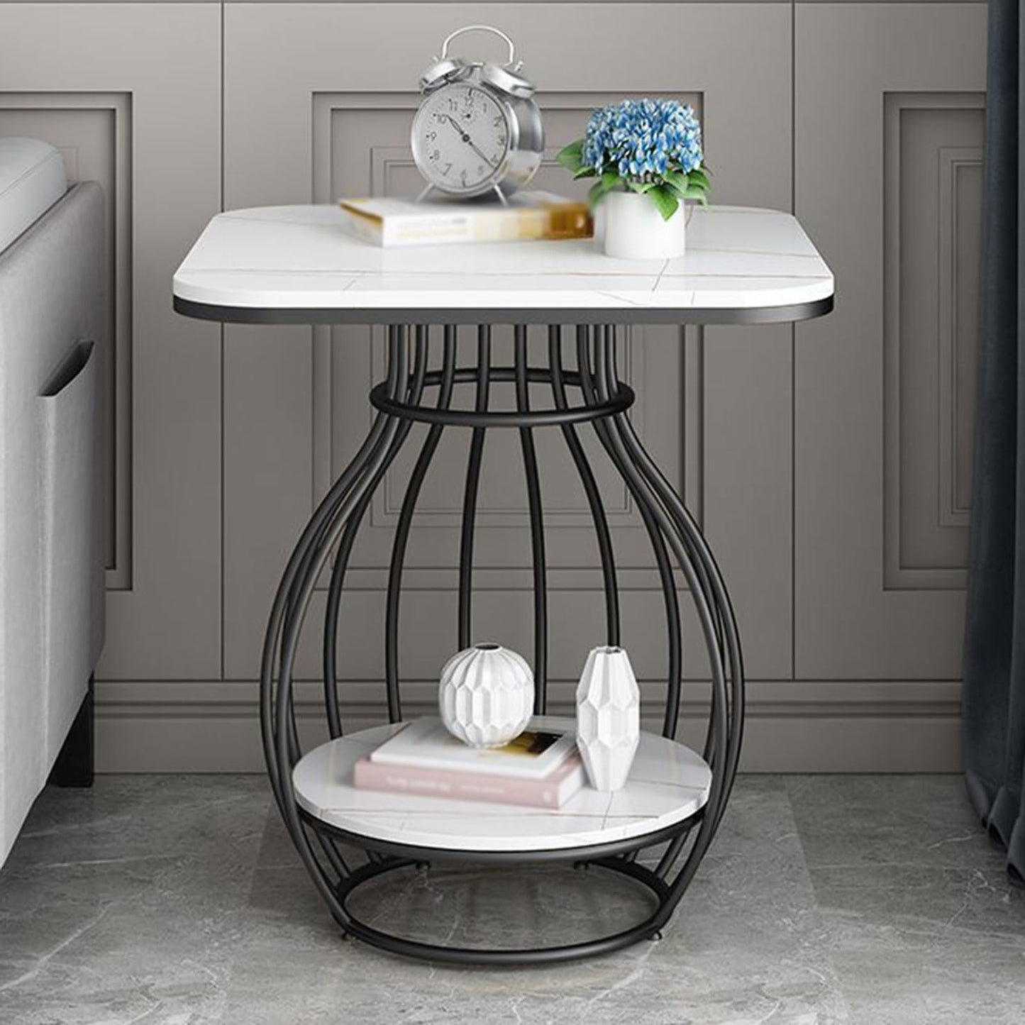End Table Round Vintage, 2-Tier Metal Side Table with Shelf Storage, Faux Marble Sofa Side Bedside Nightstand, Arc-Shaped Frame Accent Furniture for Living Room