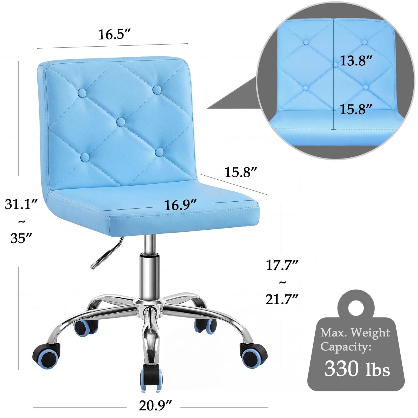 VECELO PU Leather Mid-Back Armless Vanity Chair Adjustable Height 360° Rolling Swivel for Home Office Work