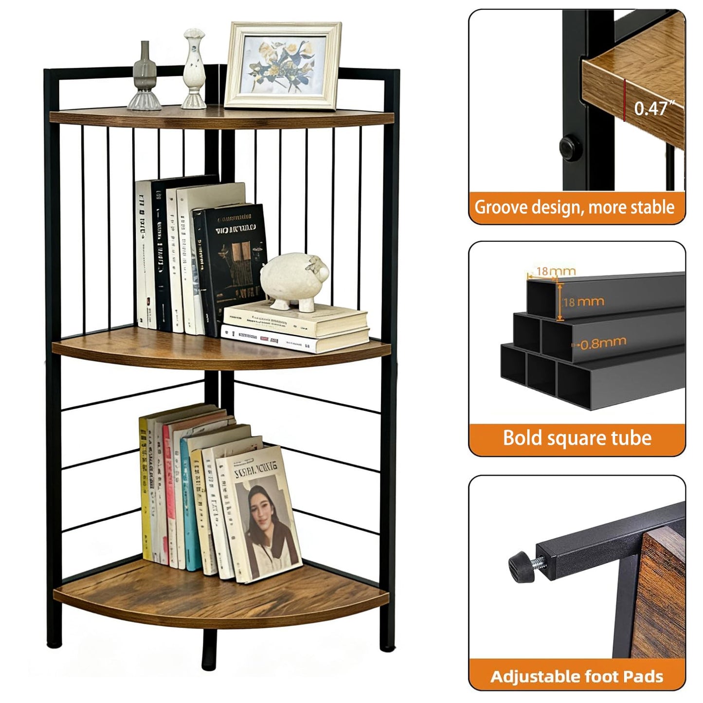 Fnaumdol Corner Shelf Stand 27.9" H, 3 Tier Corner Display Shelving Unit with Sturdy Metal Frame Multipurpose Corner Bookshelf for Small Spaces Bathroom, Kitchen, Bedroom, Living Room