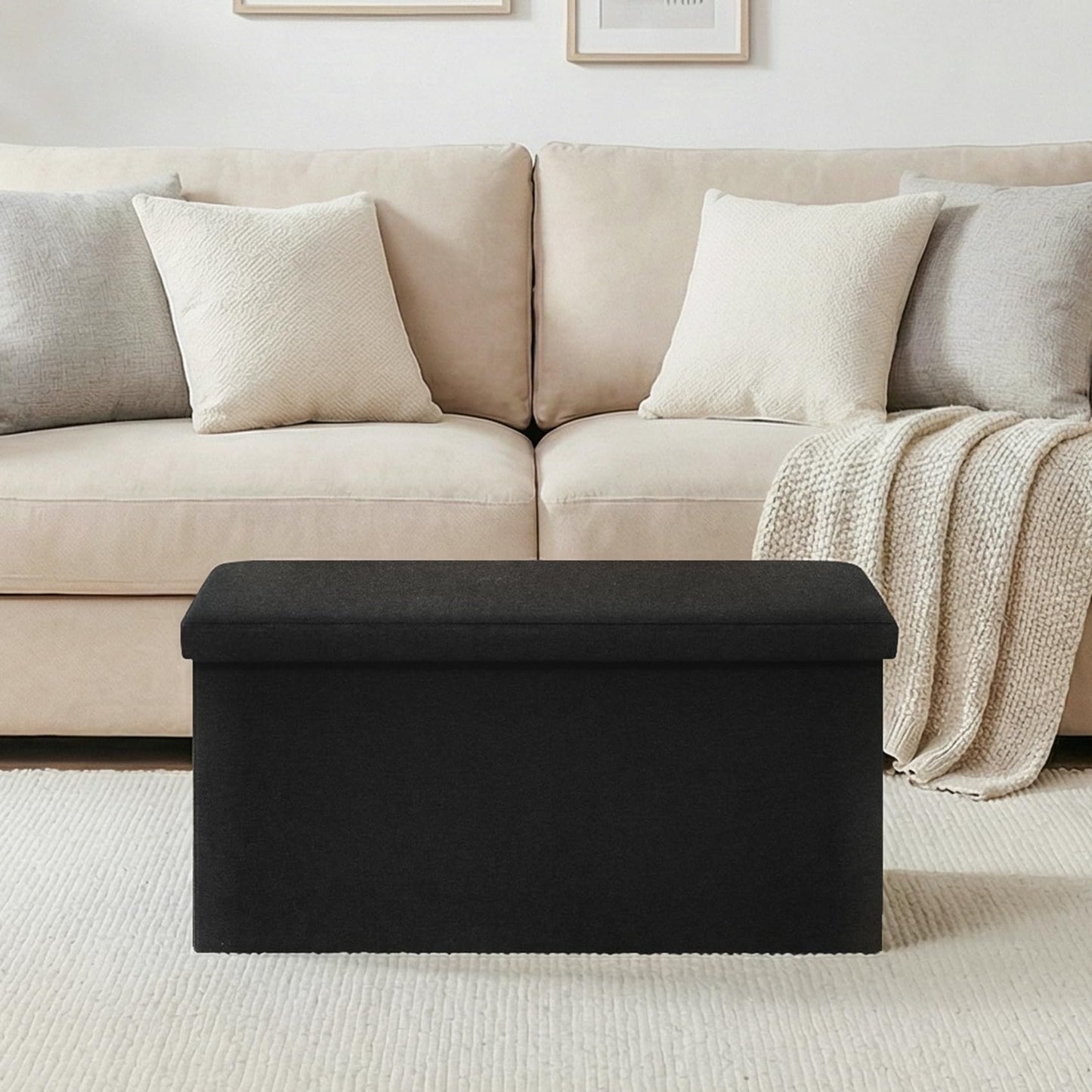 CAIPINFUL 30 Inch Folding Storage Ottoman with Reversible Lid Coffee Table, Linen Fabric Multi-Functional Foot Rest & Seat for Living Room, Bedroom-Black