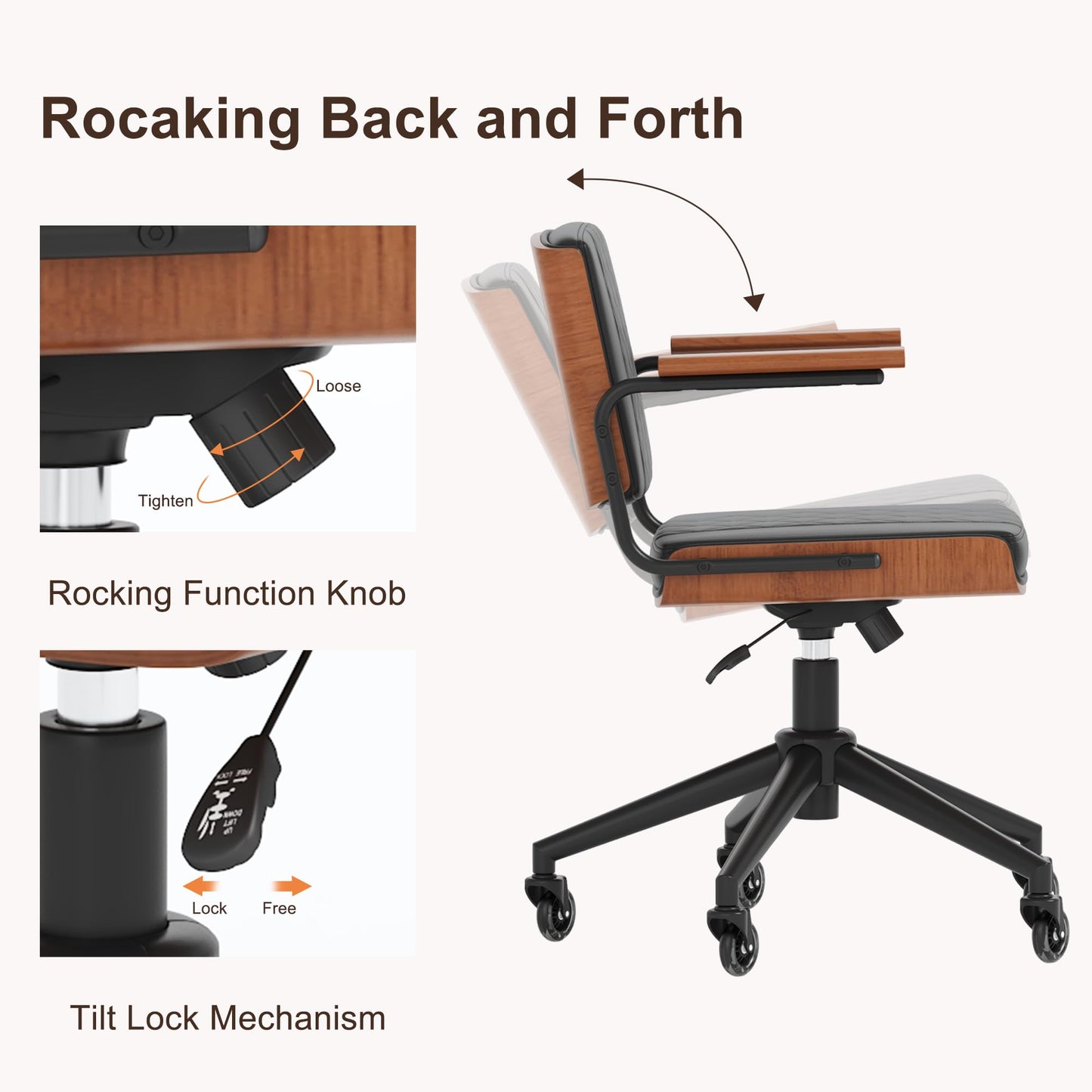 CoVibrant Ergonomic Office Chair with Rubber Wheels & Walnut Arms - PU Leather Mid-Back Desk Chair, Adjustable Height, Bentwood Backrest | Swivel Rocking Design for Home Office, Meeting Room, Study