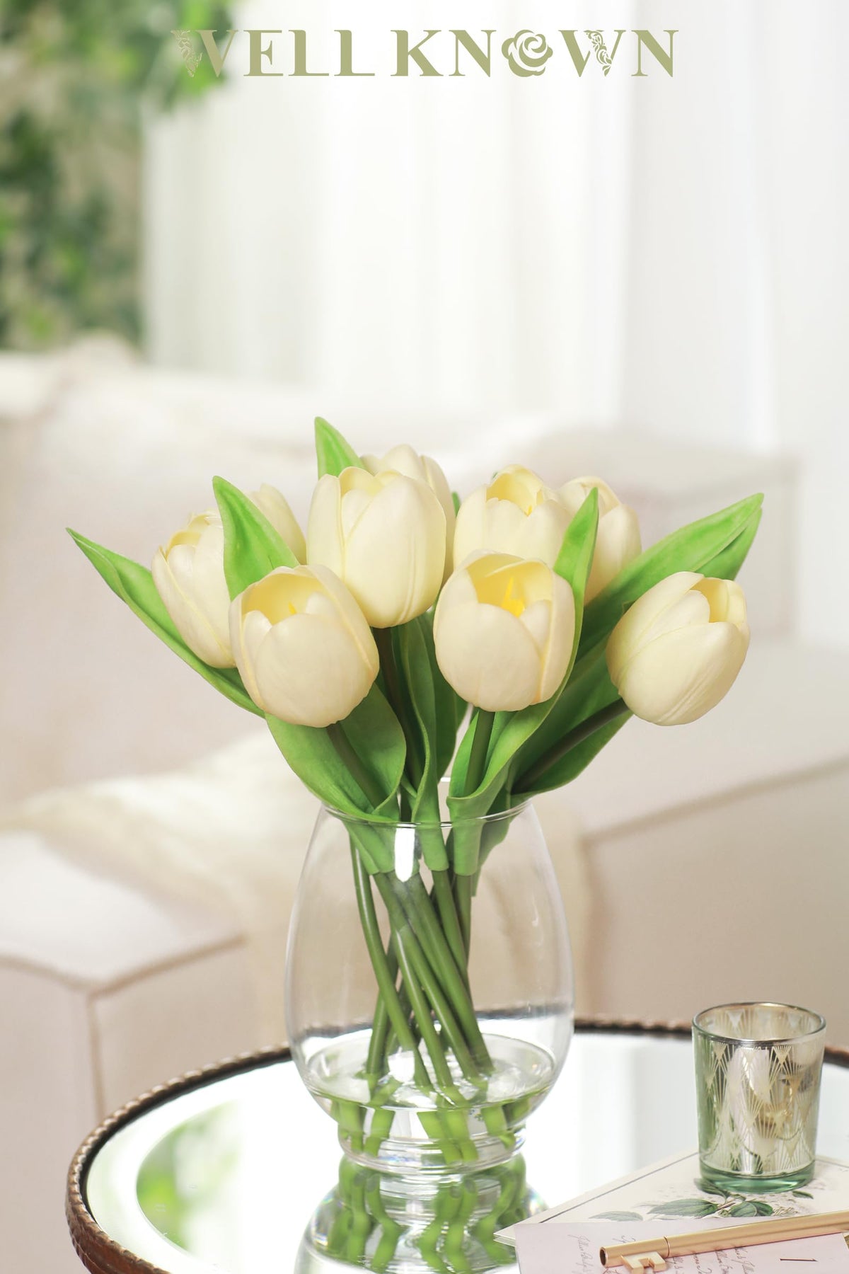 WELL KNOWN 12 Pcs Tulips Artificial Flowers in Vase, Real Touch Tulips with Vase with Upgrate Acrylic Water Flower Arrangements Centerpiece for Dining Room Table Decoration(Cream)