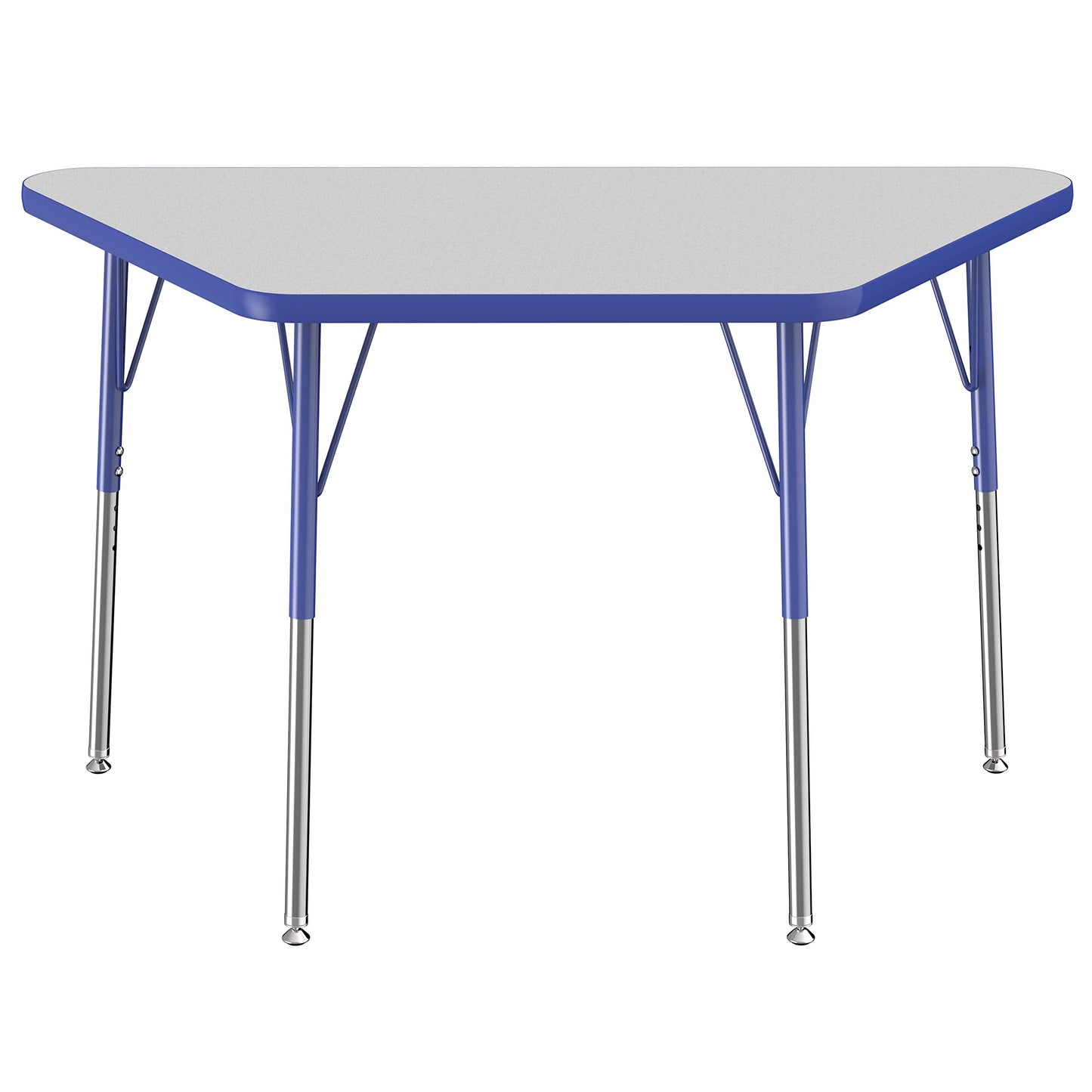 FDP Trapezoid Activity School and Office Table (24 x 48 inch), Standard Legs with Swivel Glides for Collaborative Seating Environments, Adjustable Height 19-30 inches - Gray Top and Blue Edge