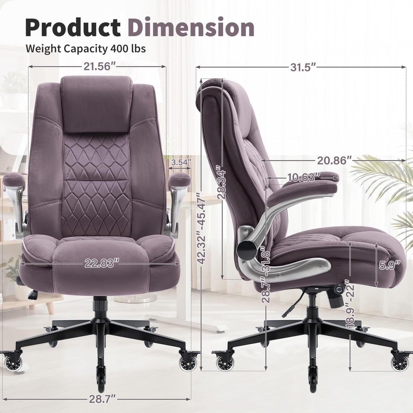 Fabric High Back Office Chair with Lockable Quiet Casters, Ergonomic Adjustable Lumbar Support & Flip-Up Arms, Reinforced Metal Base, Executive Desk Chair for All-Day Comfort, 400LBS Capacity