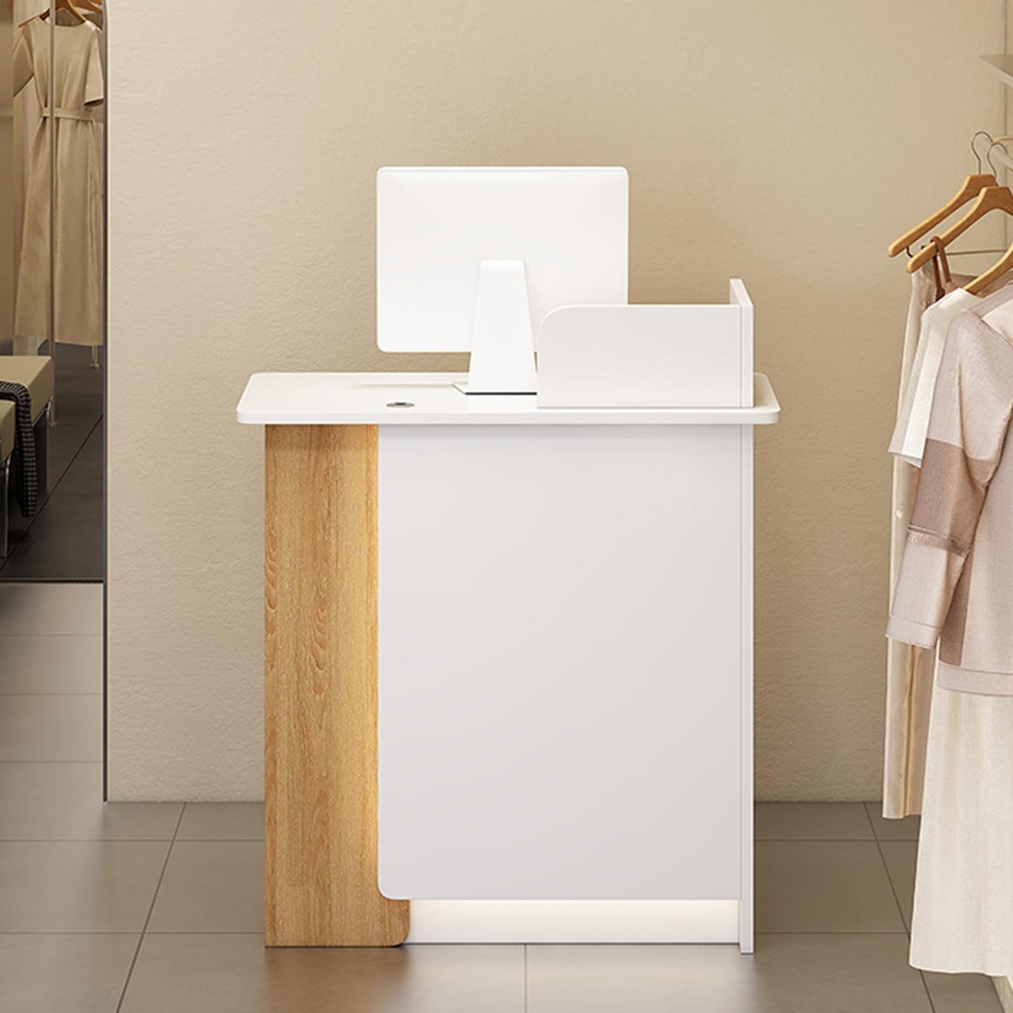 Modern Reception Desk with Lockable Drawers & Storage Cupboard, Reception Desk L-Shaped Wooden Counter with Lockable Drawer and LED Lights for Beauty Salon - Modern Small Reception Table Che