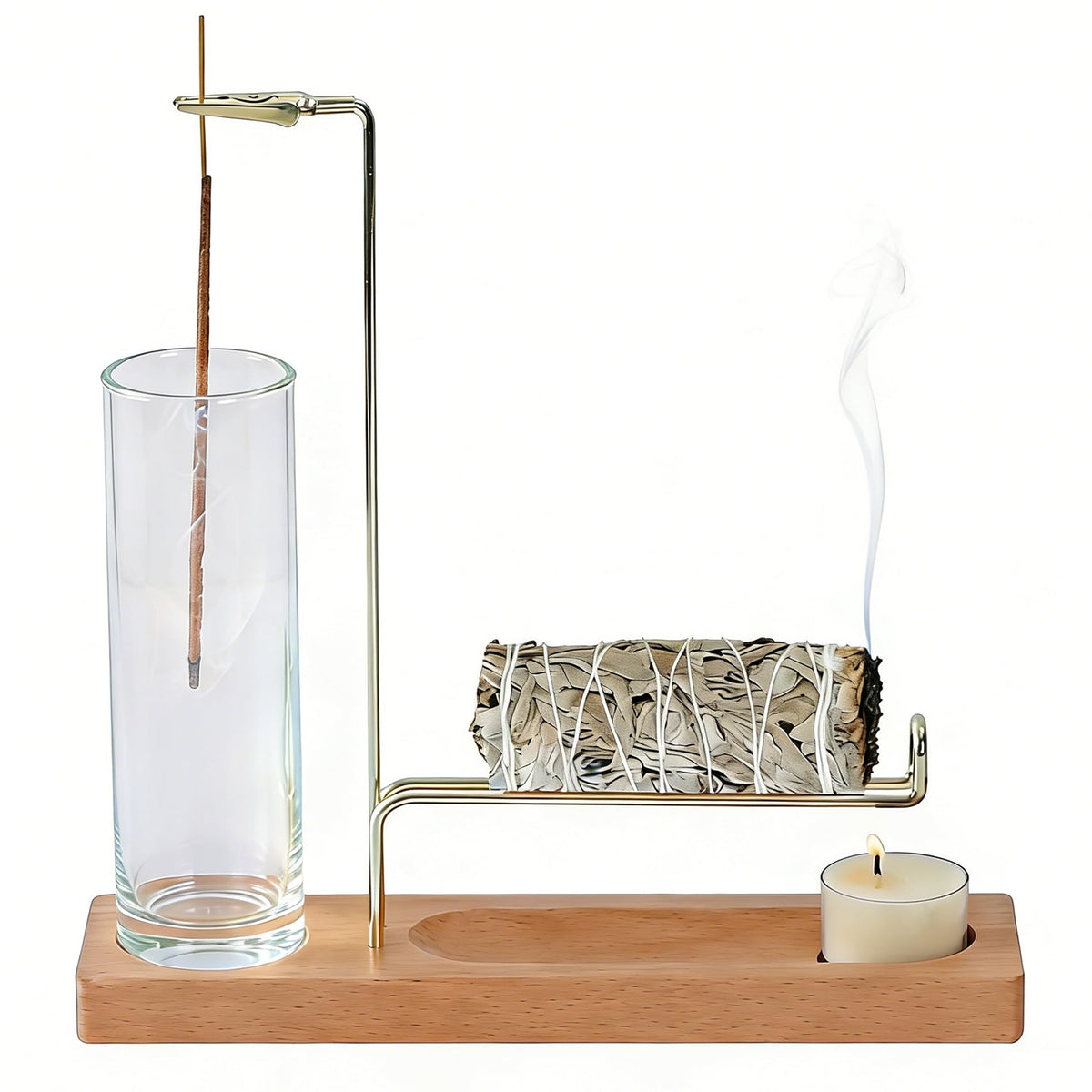 CrysDeco 3 in 1 Incense Holder for Burning Insence-Stick & Palo Santo & Sage Sticks, Hanging Upside Down Incense Stick Burner with Glass Ash Catcher, Lasting Burning Palo Santo Sage Burner for Altar