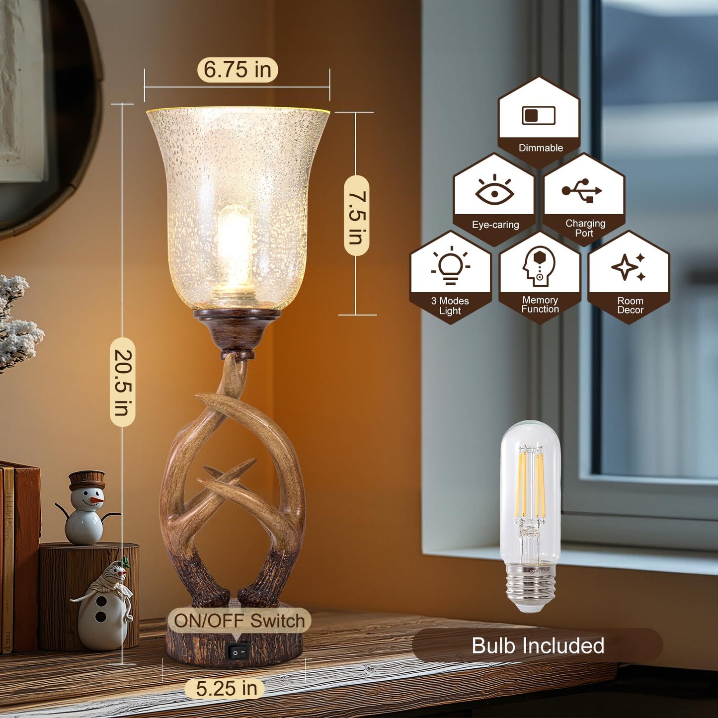 Scenekoy Antler Table Uplight Lamp for Living Room Bedroom, 20.5” Resin Memory Function Bedside Lamps with Glass Shade, Rustic Nightstand Lamp with USB Ports for Home Room Decor (Bulb Included)
