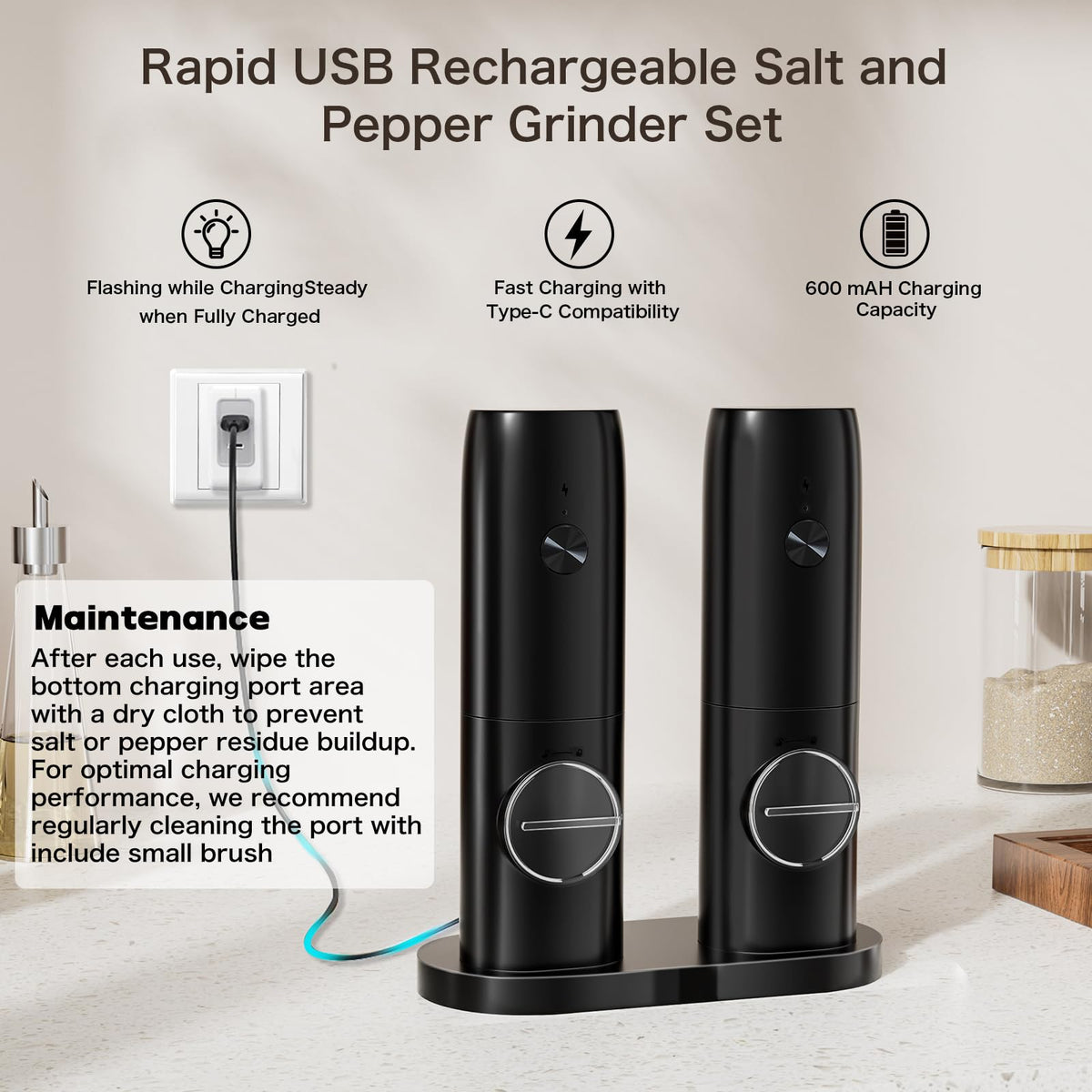 Electric Salt and Pepper Grinder Set of 2, Automatic Pepper Mill,USB Rechargeable, Adjustable Coarseness, One-handed Operation, Ceramic Burr,Refillable, Auto Grinders with Charging Base LED Light