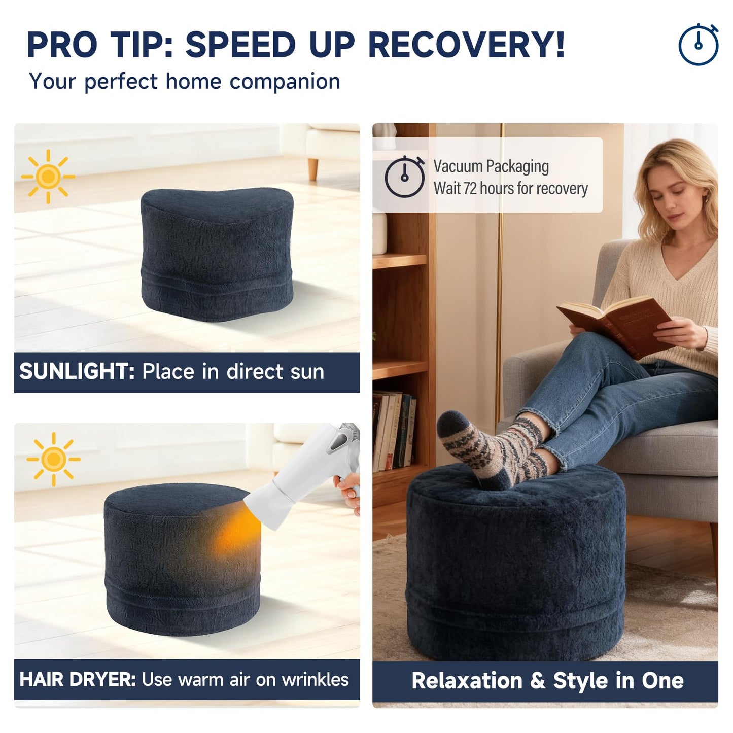 Tiita Stuffed Pouf Ottoman, Round Foot Stool Fluffy Floor Poufs Chair for Living Room Bedroom, Filled Boho Foot Rest for Couch, Blue-Grey