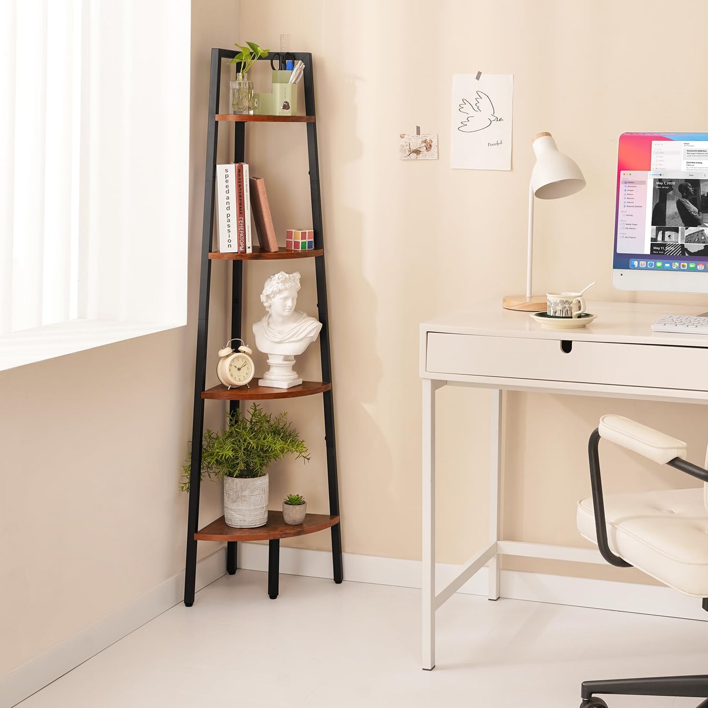Yoobure Corner Shelf, 4-Tier Corner Bookshelf with Metal Frame & Wood Ladder Shelves - Display Shelf & Tall Bookcase, Plant Stand for Home Decor - Bedroom, Living Room, Office