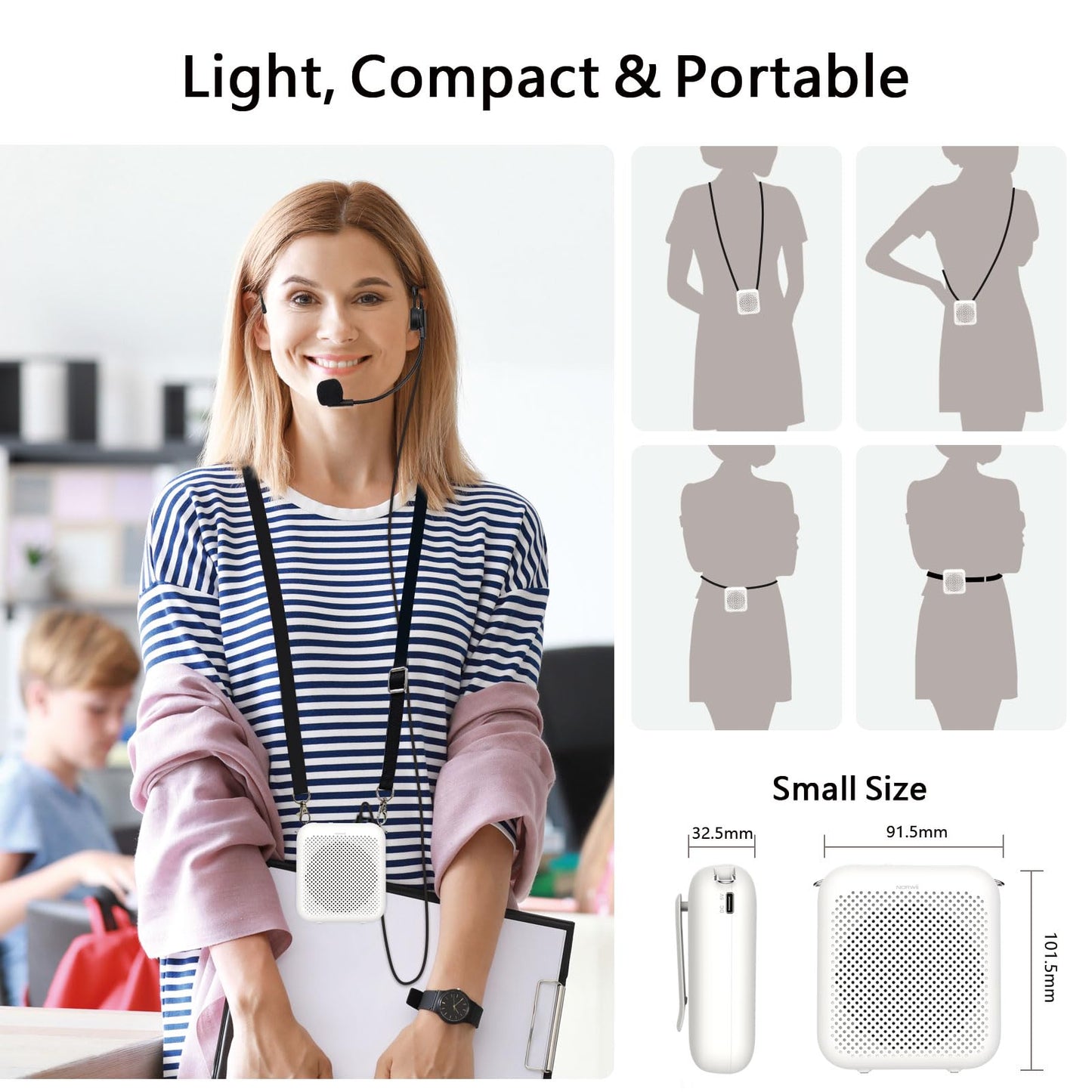 Norwii Bluetooth Voice Amplifier, Power Amplifiers, Portable Mini Wired Microphone Headset for Teacher Classroom & Outdoor Lectures, Teaching, Tour Guides, USB-C Rechargeable - 4000mAh, White