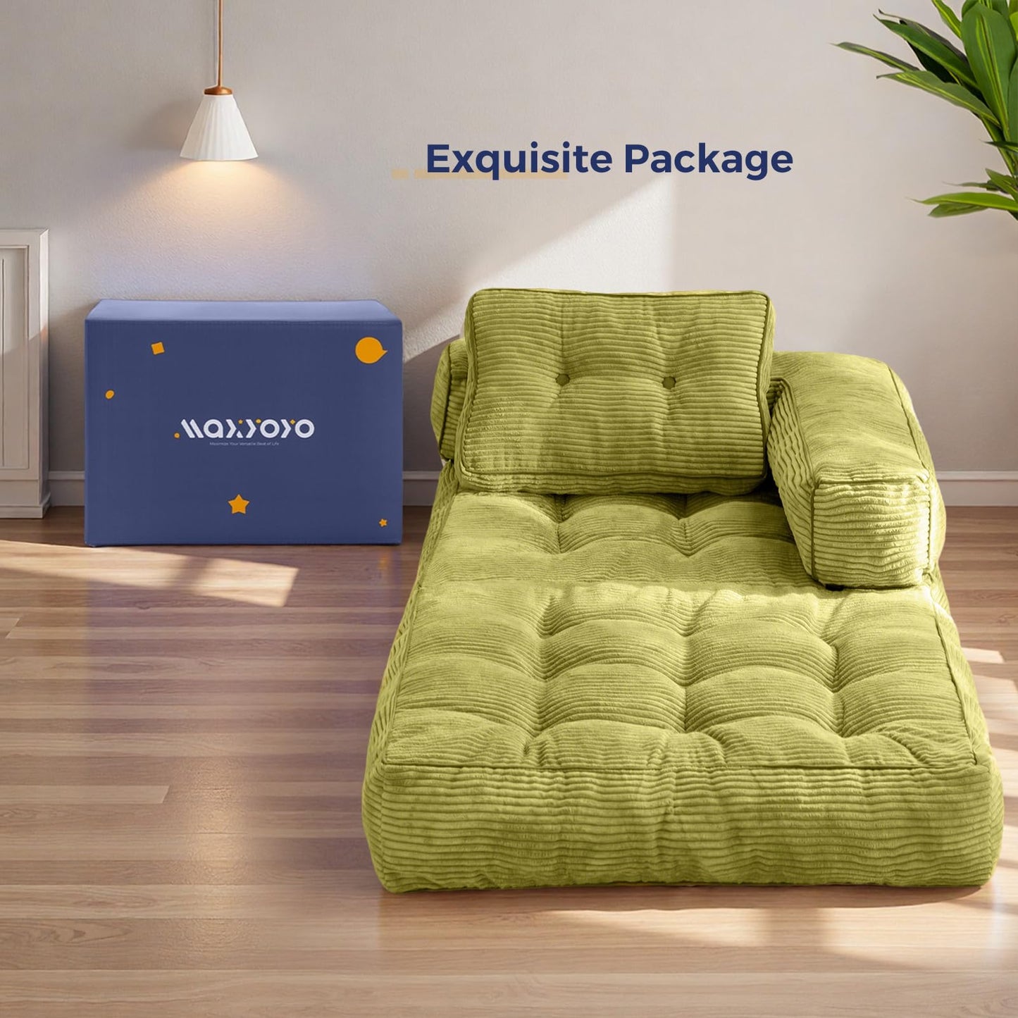 MAXYOYO Folding Sofa Bed, L-Shaped Convertible Sofa with Armrest Foldable Sleeper with Pillow, Portable Fold Out Chair Bed Comfy Floor Lounge for Living Room Bedroom, Green