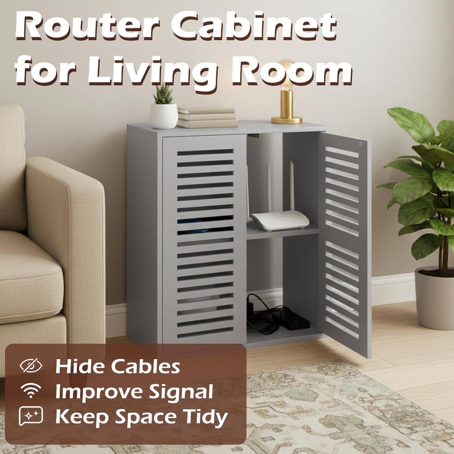 WiFi Router Storage Cabinet, Floor Standing Router Storage Box Modem, Multi-Functional Router Storage Box, Power Strip and Cable Management Hider Organizer for Living Room, Office, Bedroom, Gray