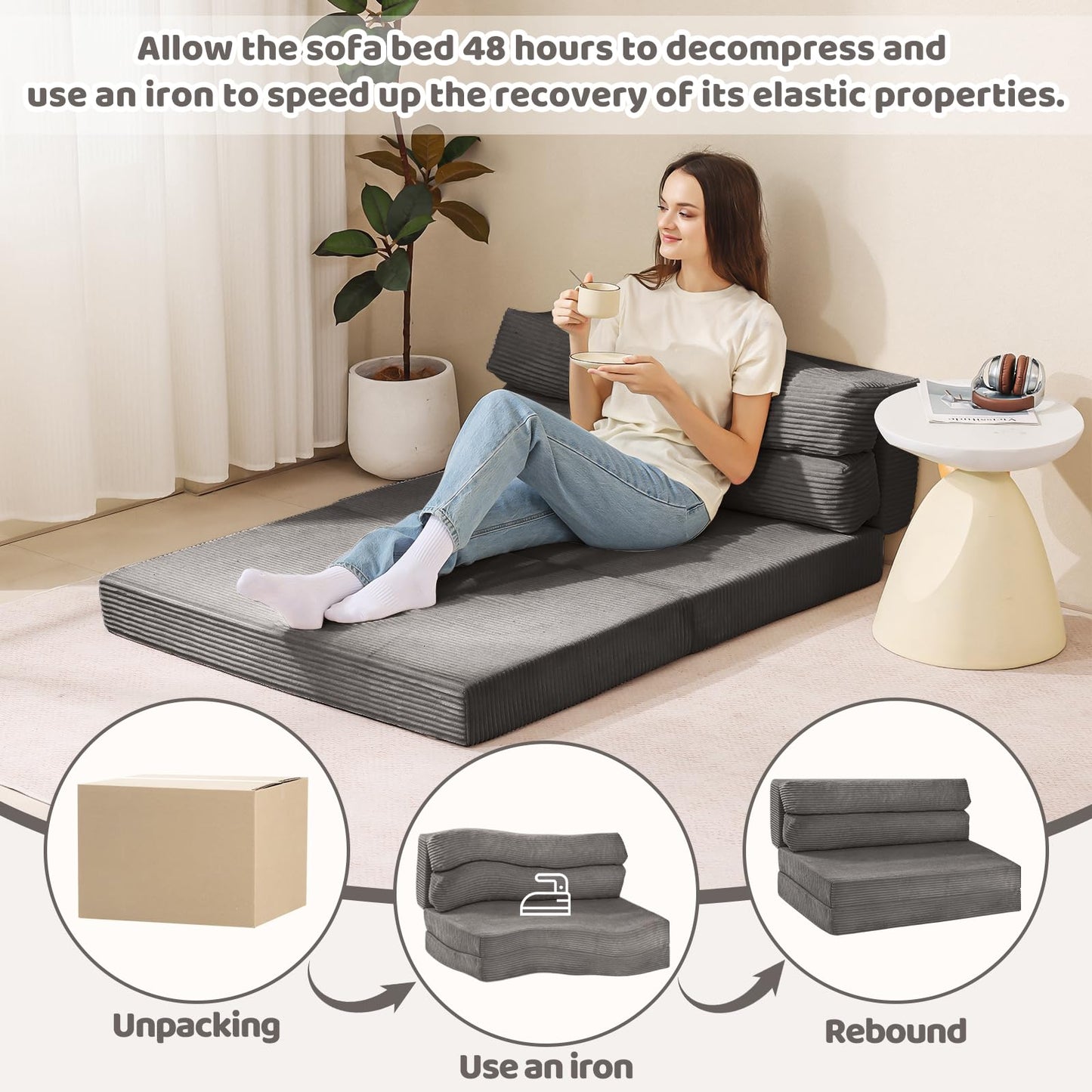 JUIKURY Folding Sofa Bed, Convertible Sleeper Chair with Pilow Foldable Matress, 2 in 1 Pull Out Loveseat Sofa Portable Fold Out Chair Bed Floor Couch Lounge for Living Room Bedroom (Grey, Full)