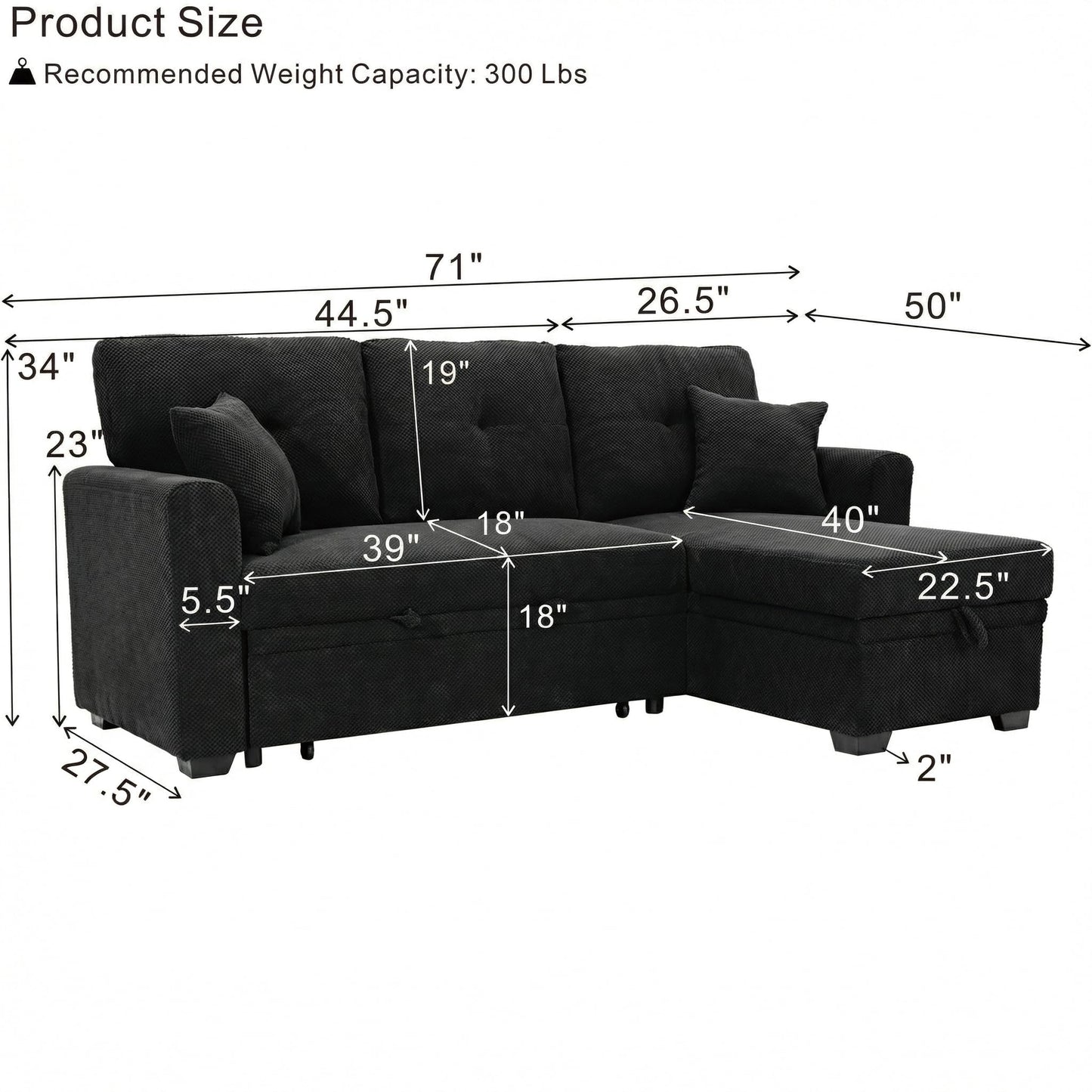 WuerQi 71" Sofa Bed with Queen Size Pull Out Couch, Sectional Sleeper Sofa with Reversible Storage Chaise, L Shaped Couch for Living Room, Apartment and Small Spaces (Black-L)