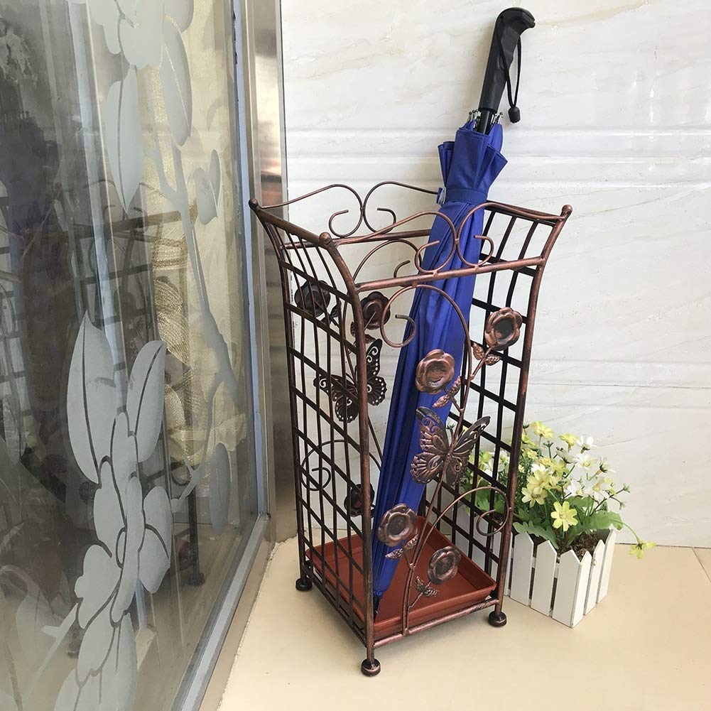 CHEWYNP Square Red Copper Floral Designed Metal Umbrella and Walking Stick Stand, Home Office Hallway Storage,Umbrella Stand
