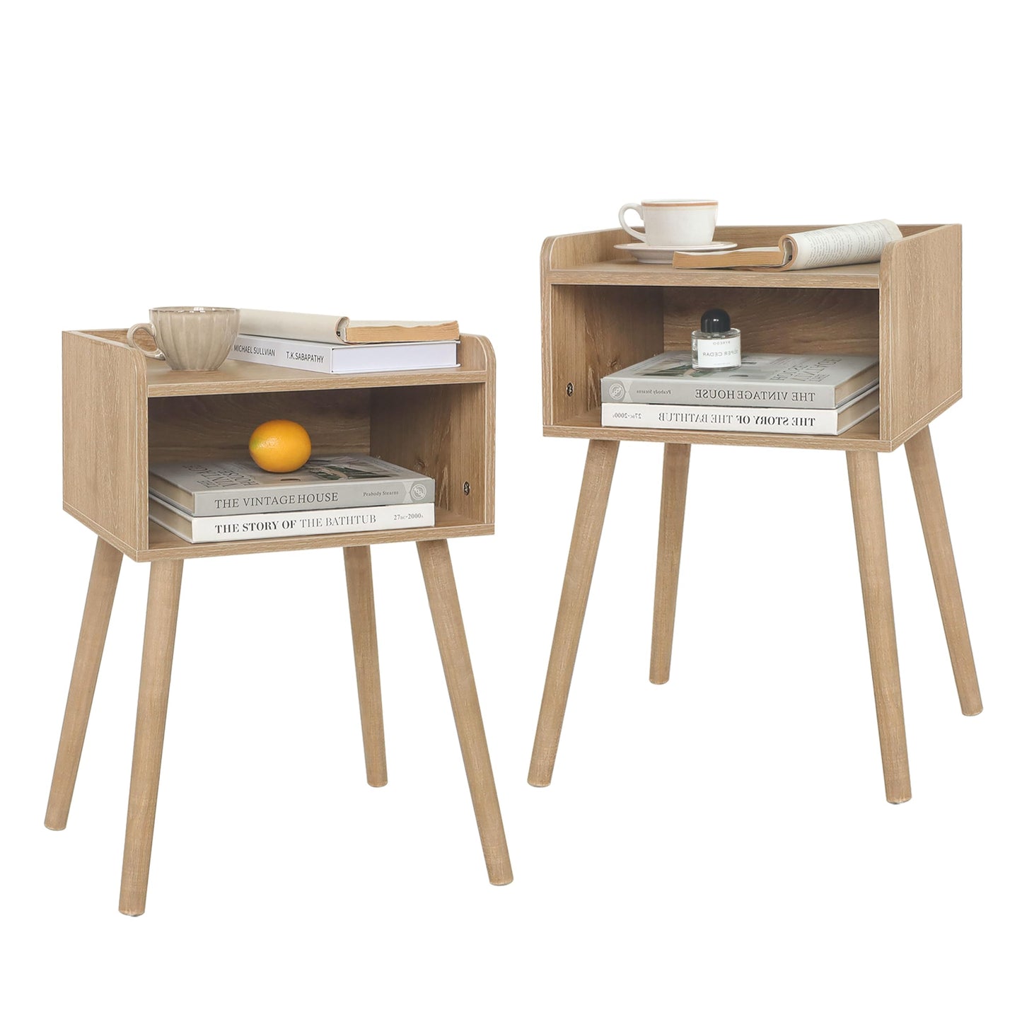 MaxSmeo End Tables Set of 2, Mid Century Modern Side Table Bedroom with Storage, Small Nightstands Set of 2 with Solid Wood Legs for Living Room, Office Small Spaces (Rustic Walnut)