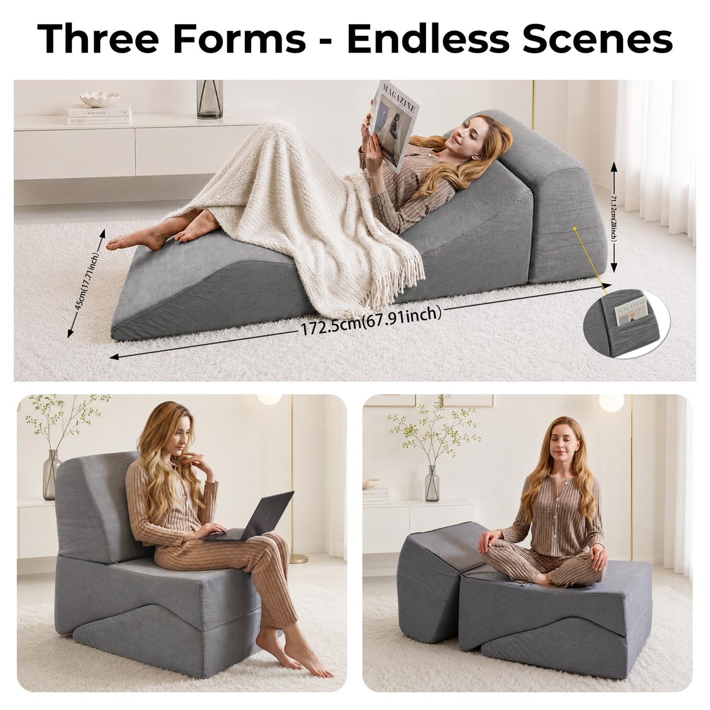 Yoga Chaise Lounge Chair Indoor for Adults, 3-in-1 Convertible Corduroy Boneless Sofa Bed, Zero Gravity Curved Design with Supportive Foam, No Assembly Required for Bedroom Living Room Reading