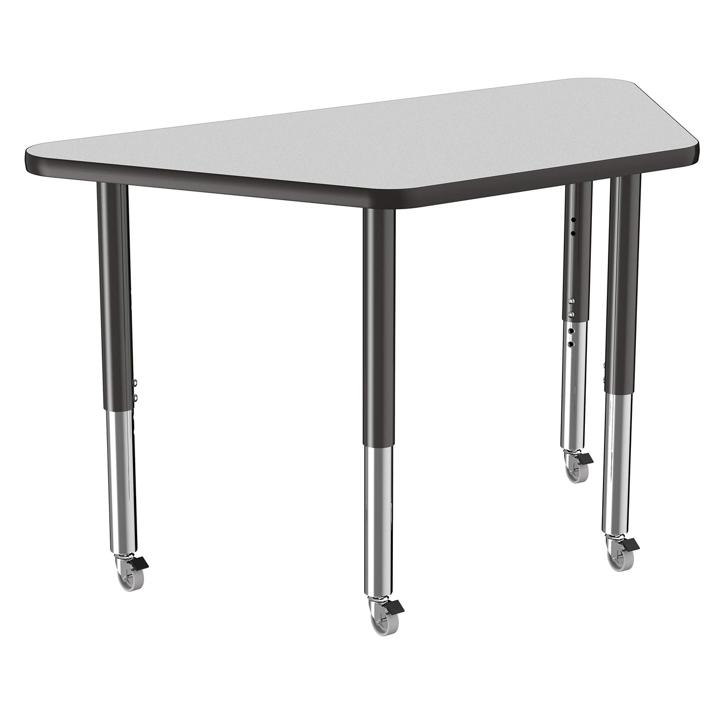 FDP Mobile Trapezoid Activity School and Office Table (24 x 48 inch), Super Legs with Glides and Casters for Collaborative Environments, Adjustable Height 19-30 inches - Gray Top and Black Edge