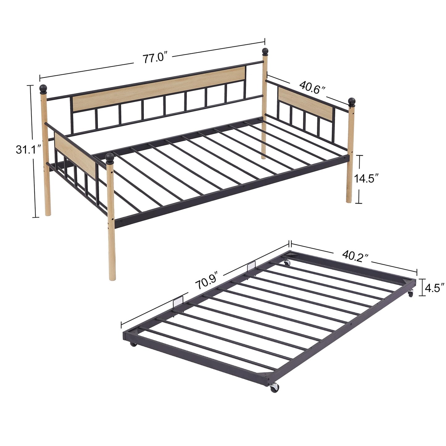 Generic Daybed, Sofa Bed Metal Framed with Trundle Twin Size, Black, 77''L x 40.6'' W x 14.5'' H